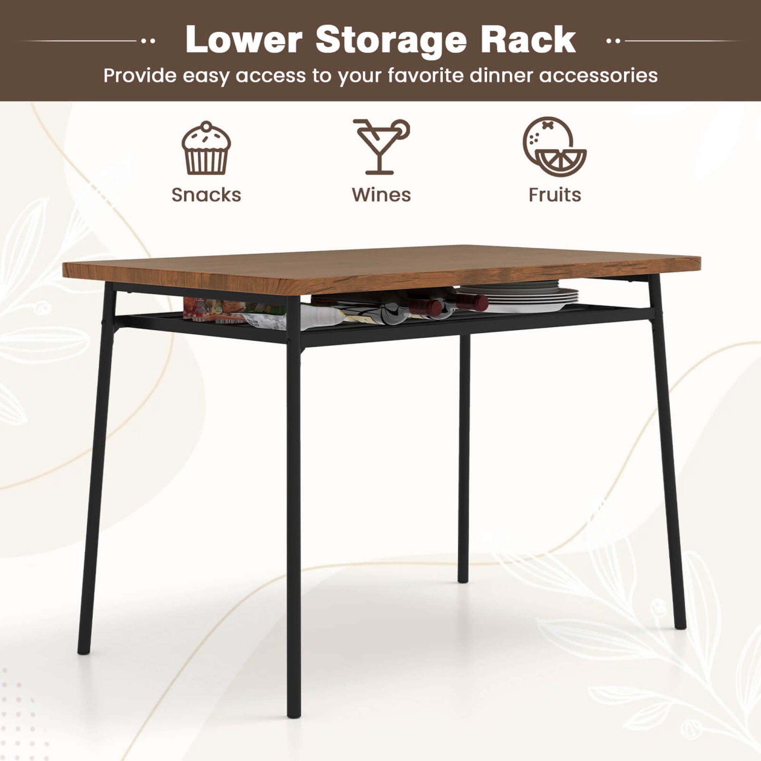 Costway 5 PCS Wood Square Kitchen Table & Chair Set with Metal Frame Storage Rack