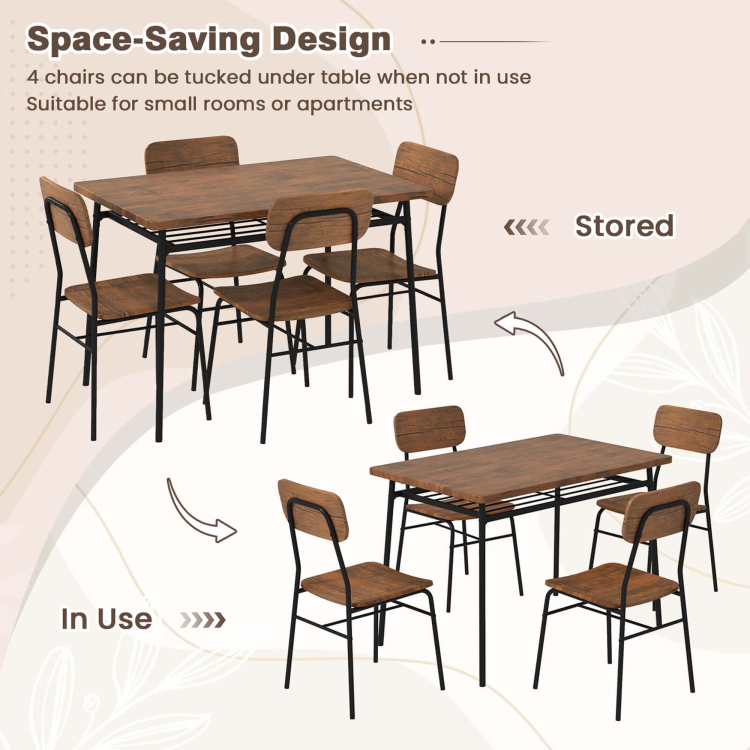Costway 5 PCS Wood Square Kitchen Table & Chair Set with Metal Frame Storage Rack