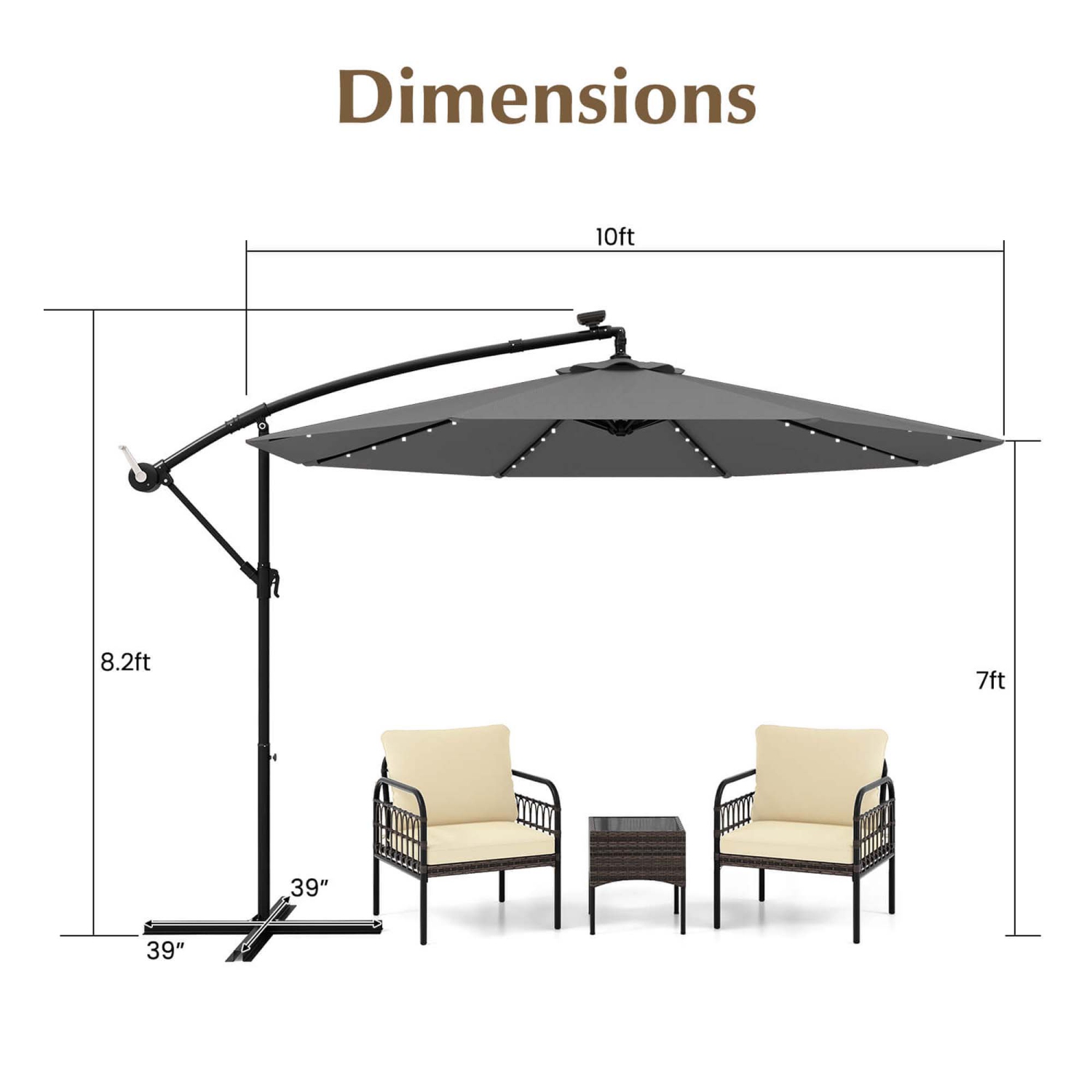 Parasol de patio LED excentré solaire de 10 pi à 40 lumières avec manivelle de Costway