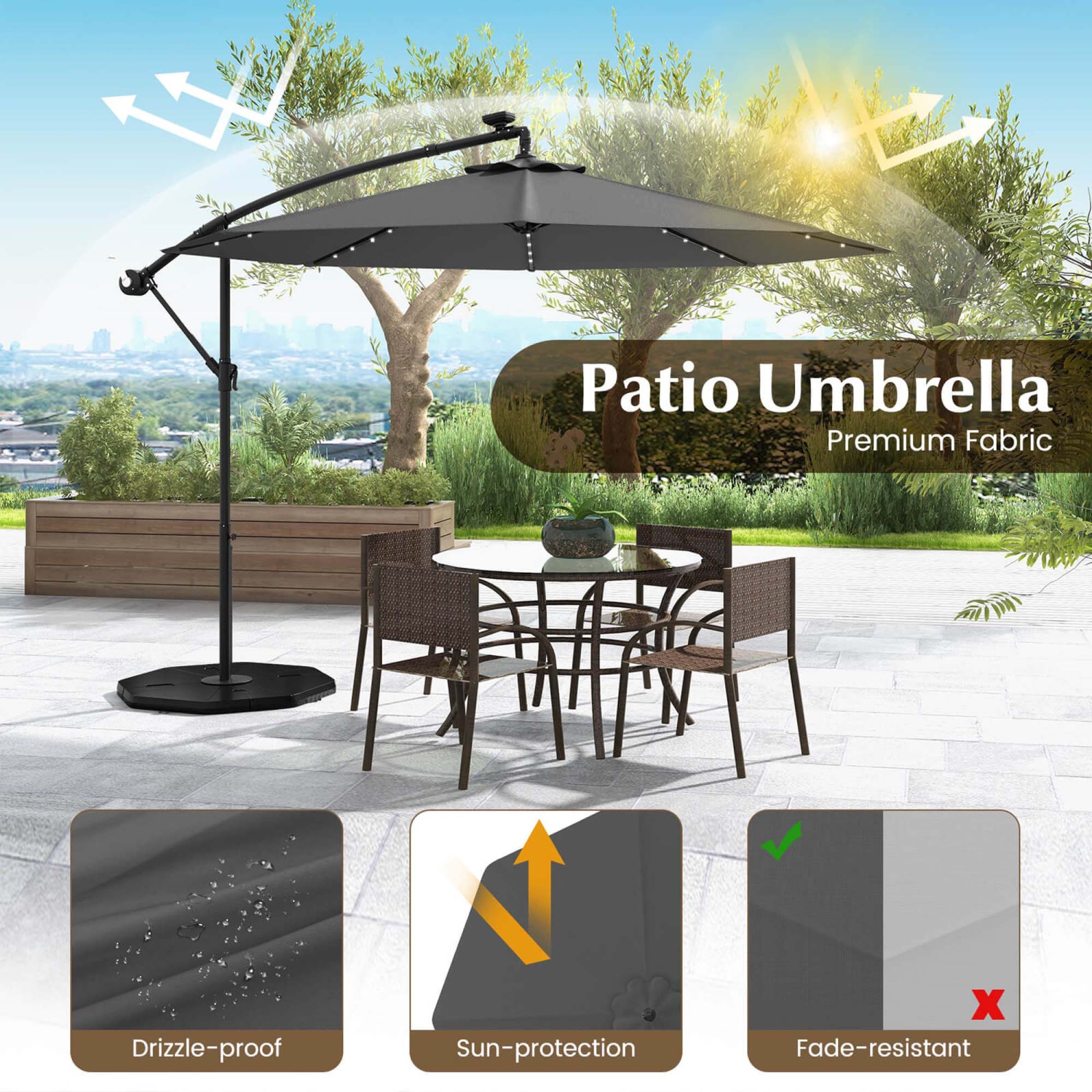 Parasol de patio LED excentré solaire de 10 pi à 40 lumières avec manivelle de Costway