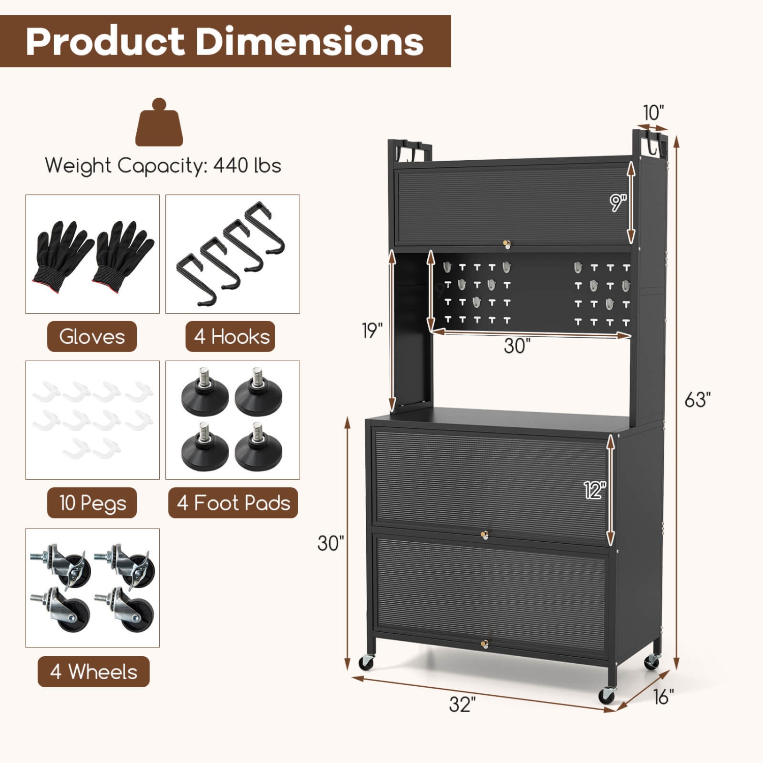 Costway 5 Tier Kitchen Bakers Rack with Flip Door Cabinets Pegboard & Hooks White/Black