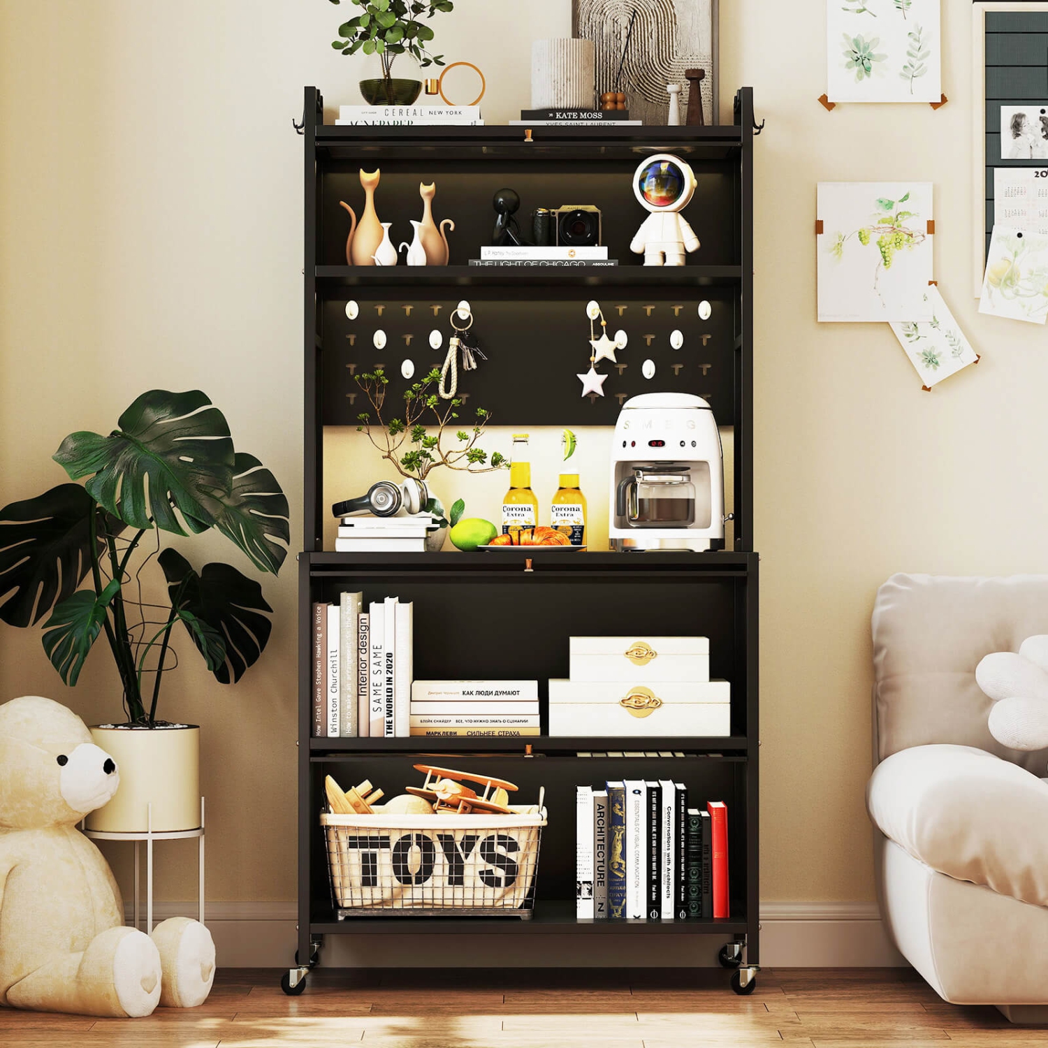 Costway 5 Tier Kitchen Bakers Rack with Flip Door Cabinets Pegboard & Hooks White/Black