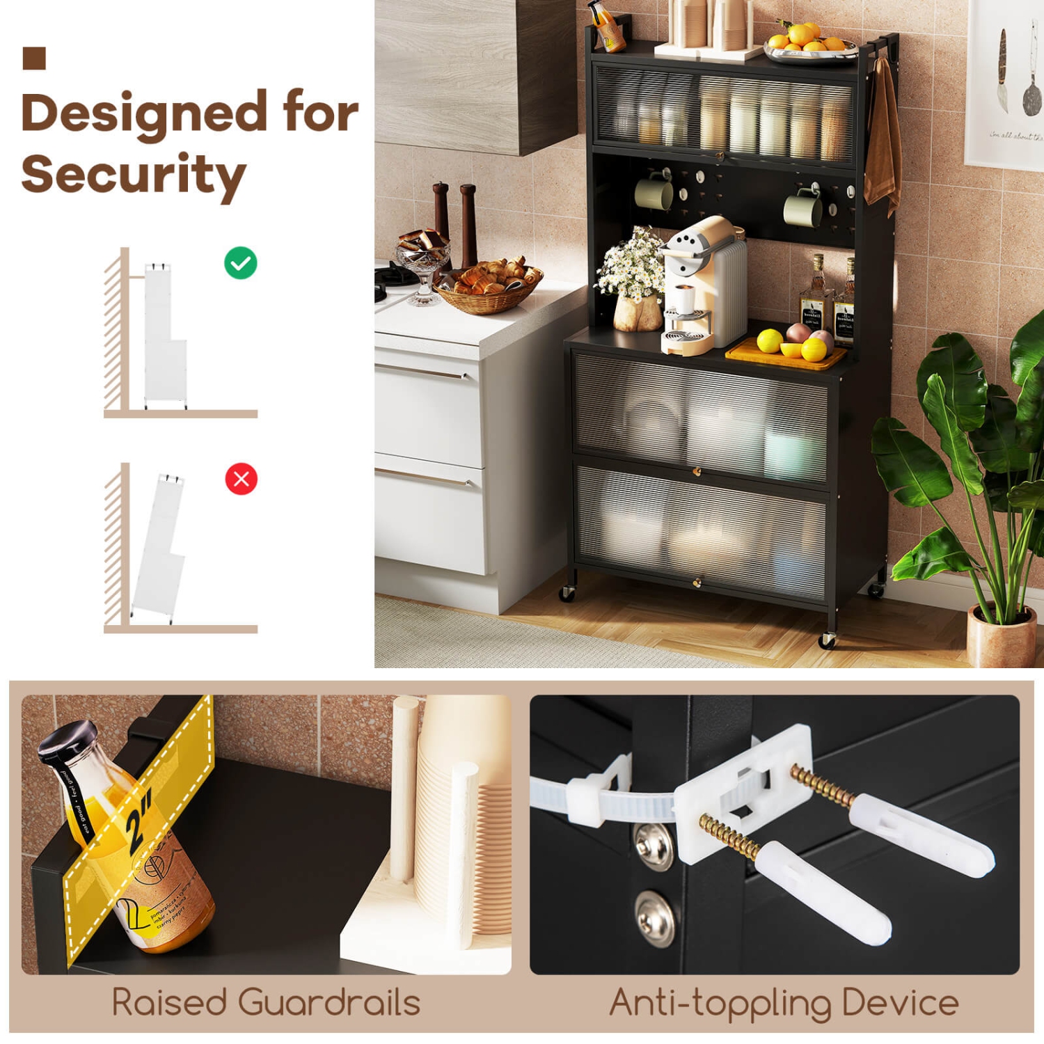 Costway 5 Tier Kitchen Bakers Rack with Flip Door Cabinets Pegboard & Hooks White/Black