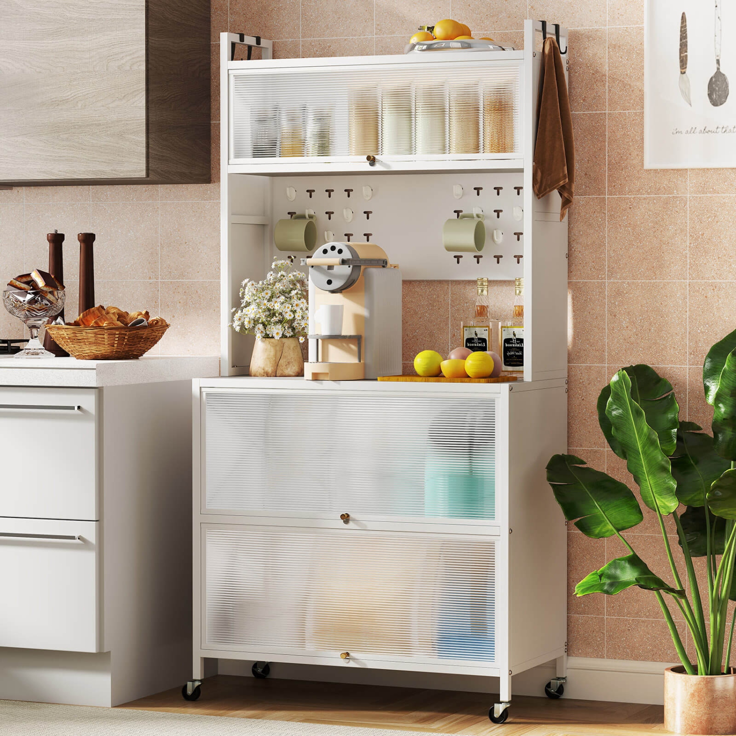 Costway 5 Tier Kitchen Bakers Rack with Flip Door Cabinets Pegboard & Hooks White/Black