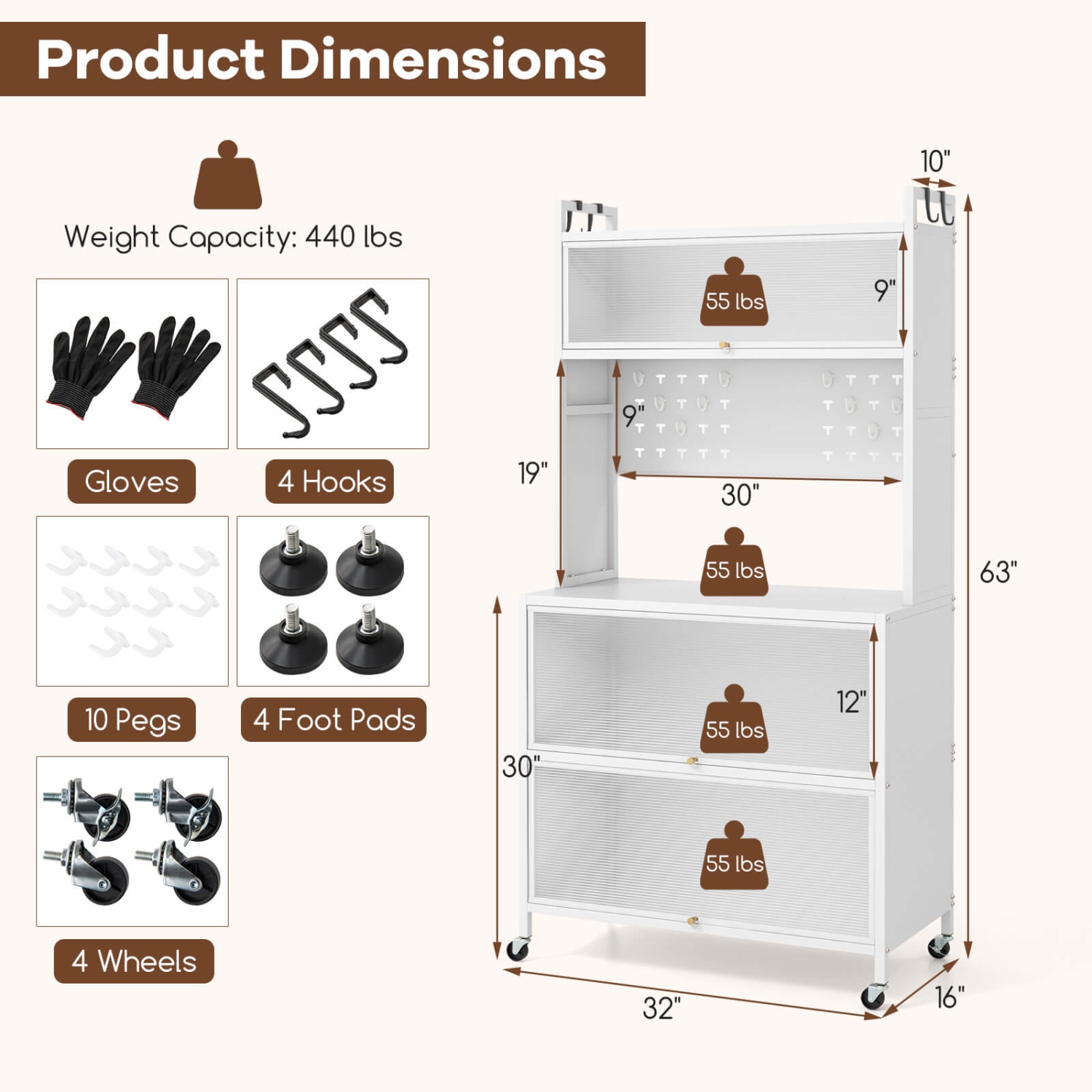 Costway 5 Tier Kitchen Bakers Rack with Flip Door Cabinets Pegboard & Hooks White/Black