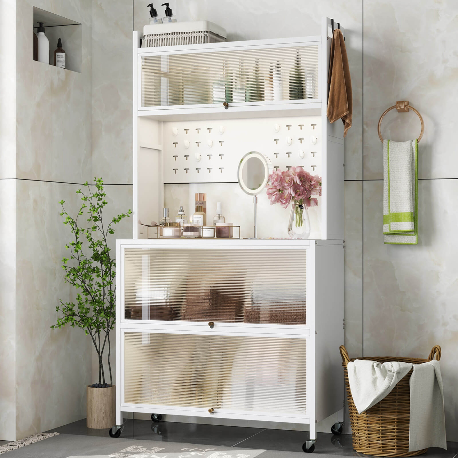 Costway 5 Tier Kitchen Bakers Rack with Flip Door Cabinets Pegboard & Hooks White/Black