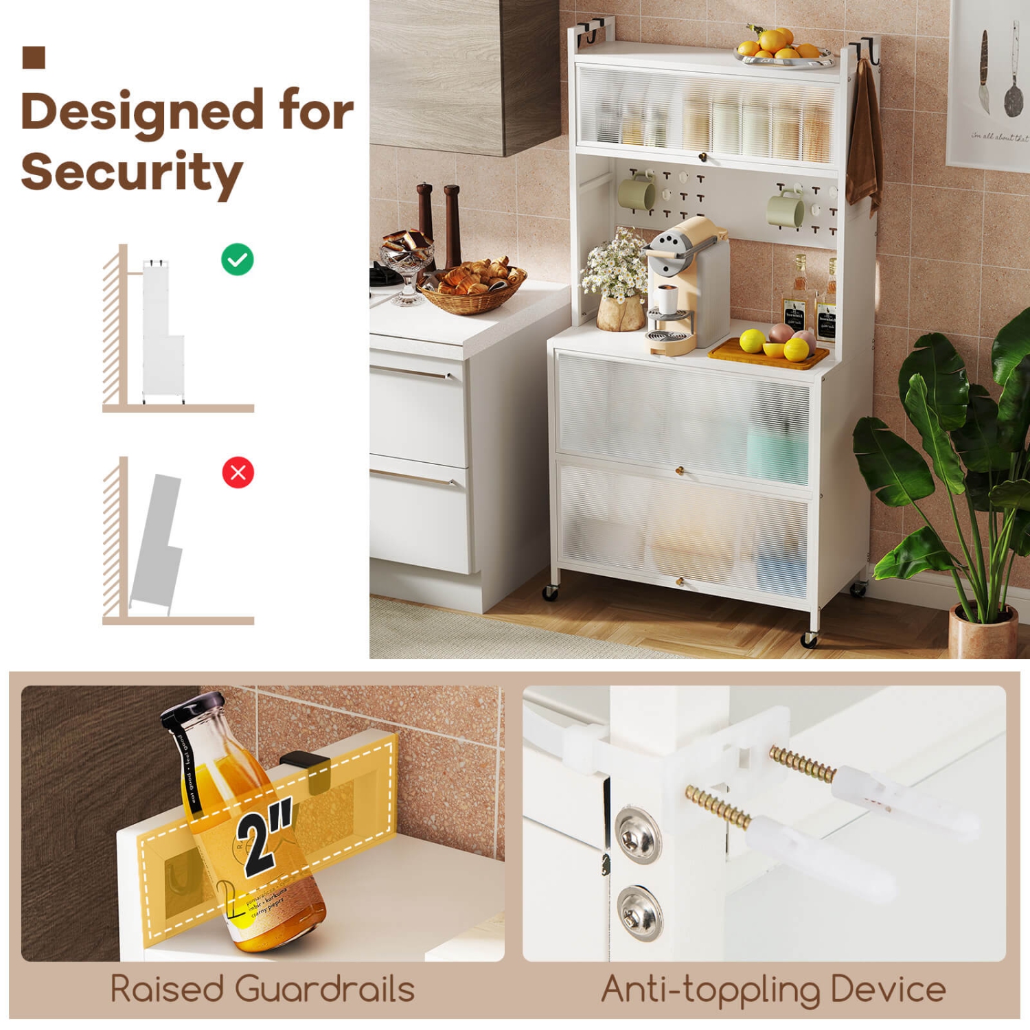 Costway 5 Tier Kitchen Bakers Rack with Flip Door Cabinets Pegboard & Hooks White/Black