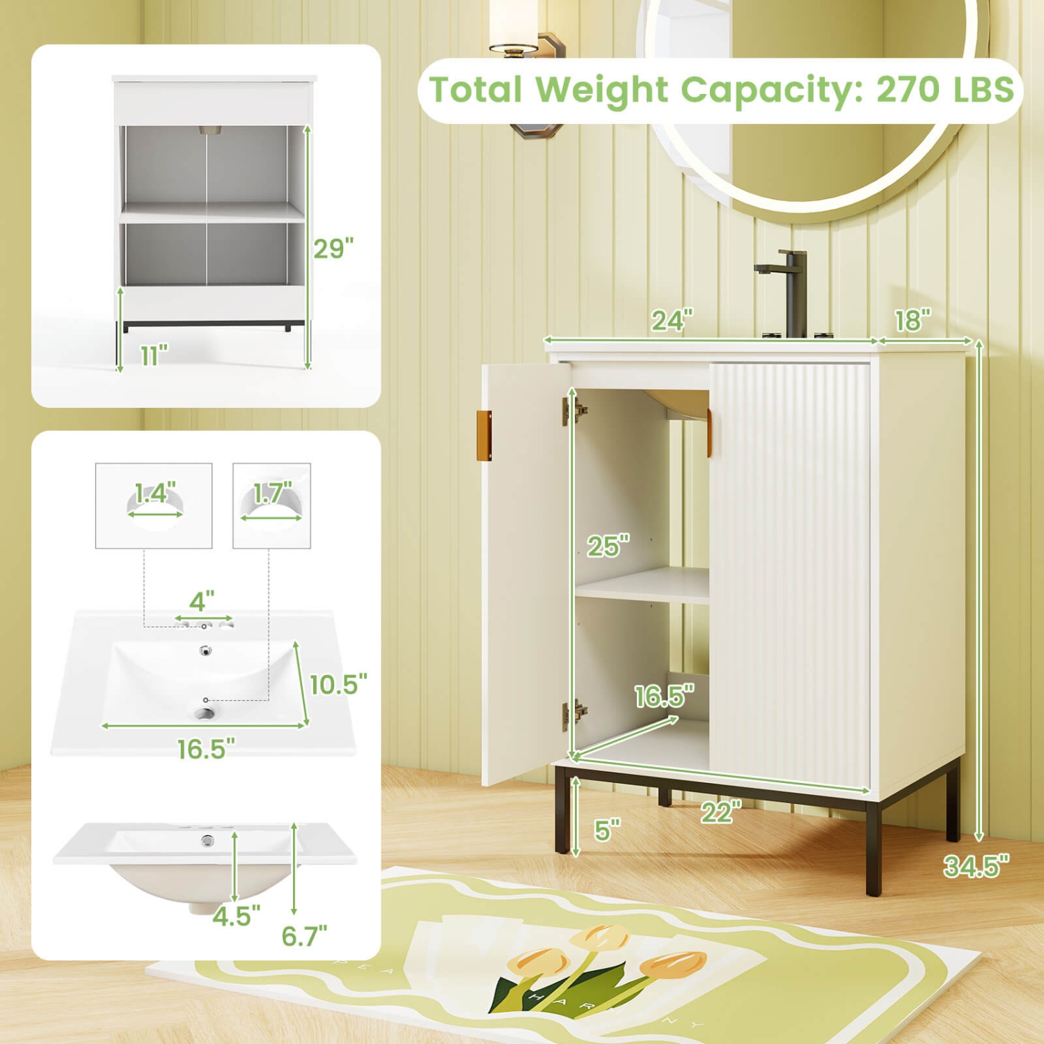 Costway Bathroom Vanity with Sink Combo 24 Inch Freestanding Bathroom Sink Cabinet White