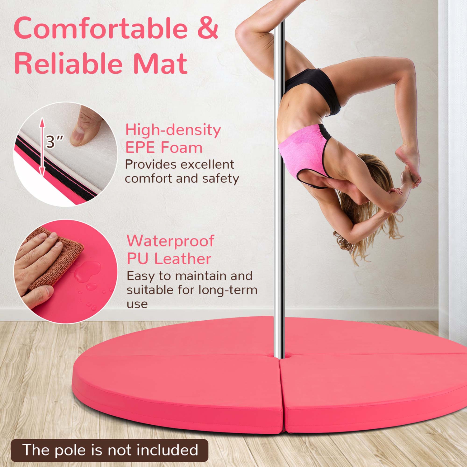 Costway Pole Dance Crash Mat Round Portable Yoga Mat with EPE Foam Safety Dancing Cushion Black/Purlple/Pink