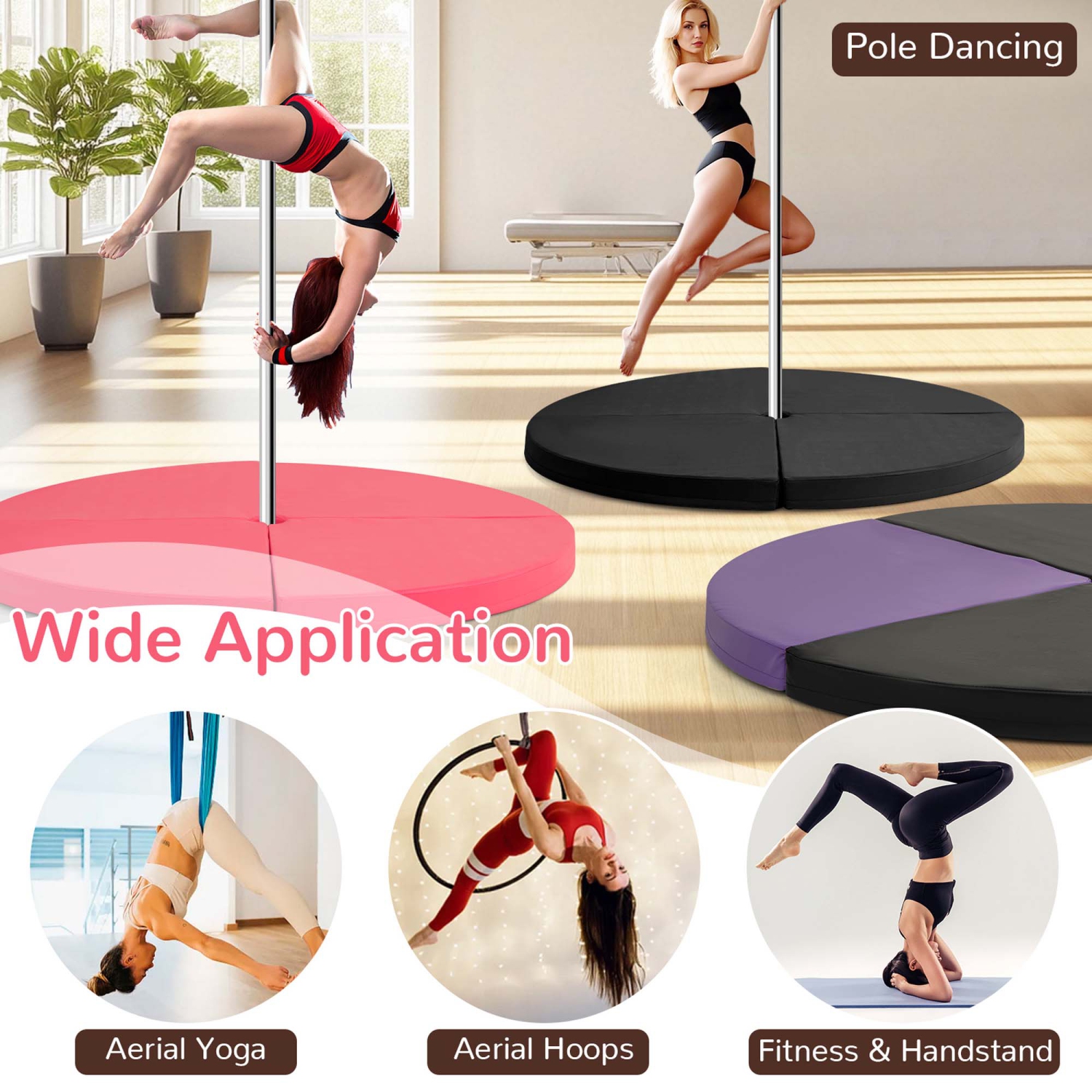 Costway Pole Dance Crash Mat Round Portable Yoga Mat with EPE Foam Safety Dancing Cushion Black/Purlple/Pink