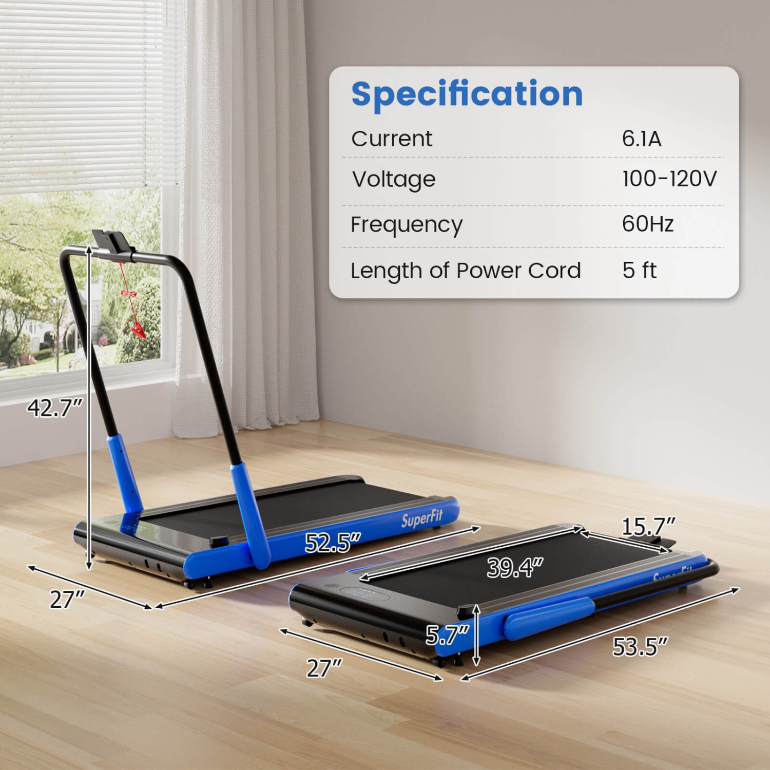 Tapis roulant pliable 3-en-1 de Superfit avec applications intelligentes Télécommande Écran LED et haut-parleurs Bleu/Argenté