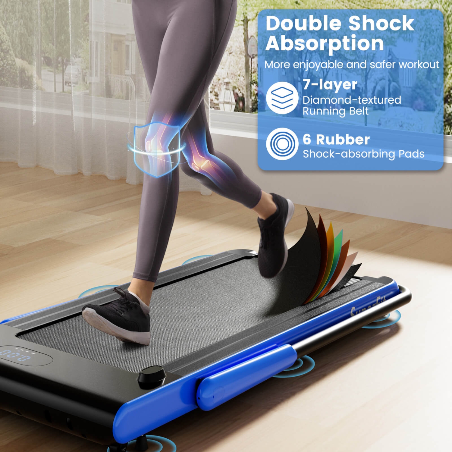 Tapis roulant pliable 3-en-1 de Superfit avec applications intelligentes Télécommande Écran LED et haut-parleurs Bleu/Argenté