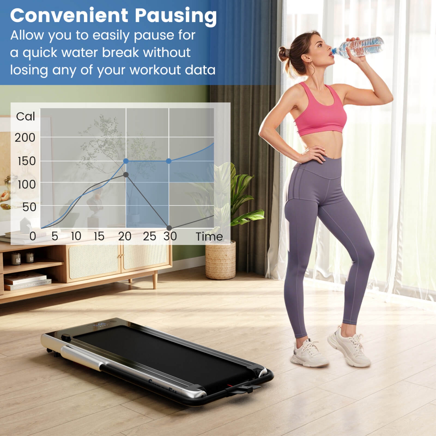 Superfit 3-in-1 Folding Treadmill with Smart Apps Remote Control LED Display and Speakers Blue/Silver