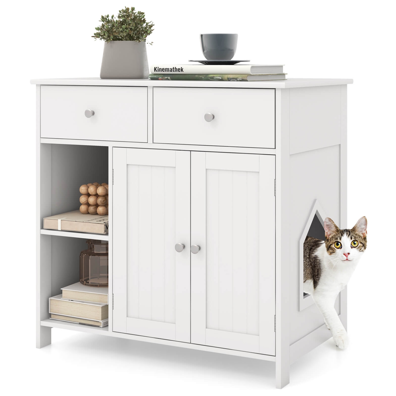 Armoire à litière pour chats avec 2 tiroirs, portes doubles, tablettes ouvertes, intérieur moderne de Costway