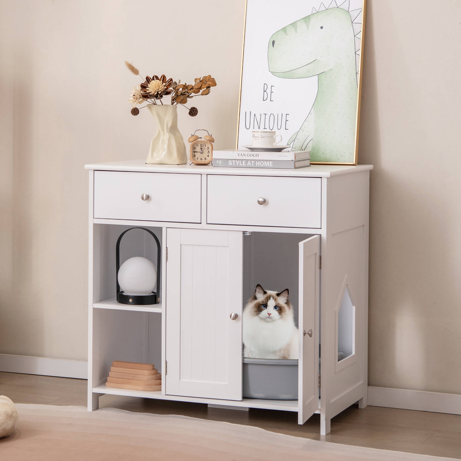 Armoire à litière pour chats avec 2 tiroirs, portes doubles, tablettes ouvertes, intérieur moderne de Costway