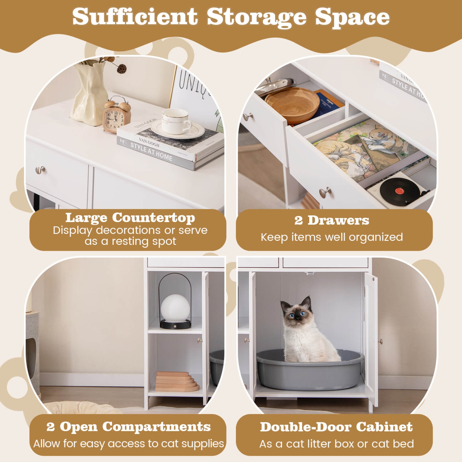 Armoire à litière pour chats avec 2 tiroirs, portes doubles, tablettes ouvertes, intérieur moderne de Costway