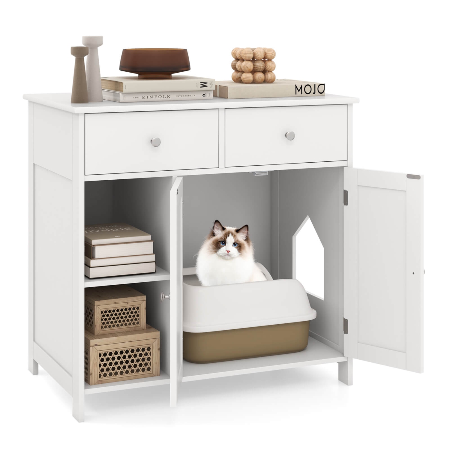 Armoire à litière pour chats avec 2 tiroirs, portes doubles, tablettes ouvertes, intérieur moderne de Costway