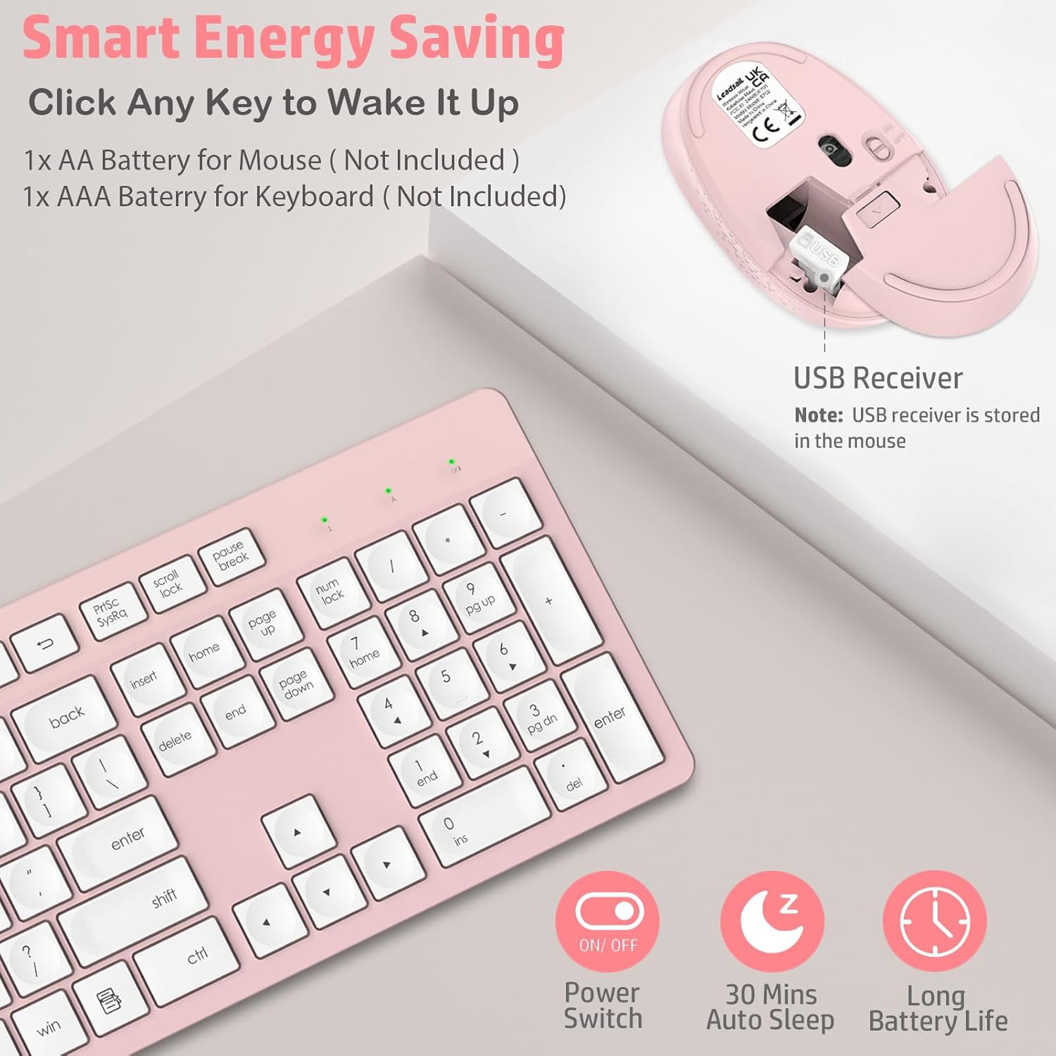 LeadsaiL Wireless Keyboard and Mouse Combo – 2.4GHz Cordless Full-Sized Ergonomic Keyboard with Silent Mouse, 12 FN Shortcuts for Windows, PC/Mac,