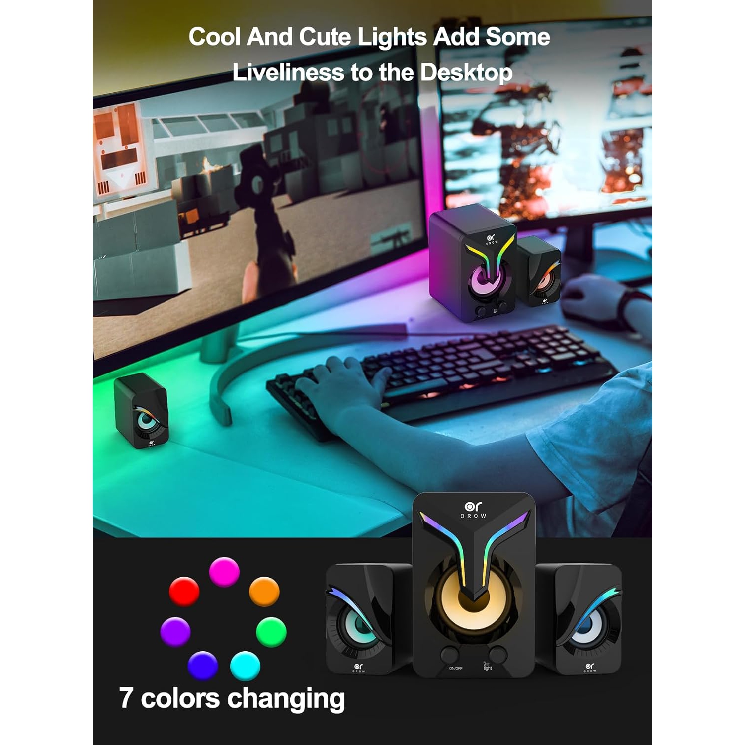 OROW Computer Speakers - Mini PC Speakers with Subwoofer, 2.1 Desktop Speaker with RGB Lights, USB Powered, Stereo Sound, 3.5mm Aux Cable for