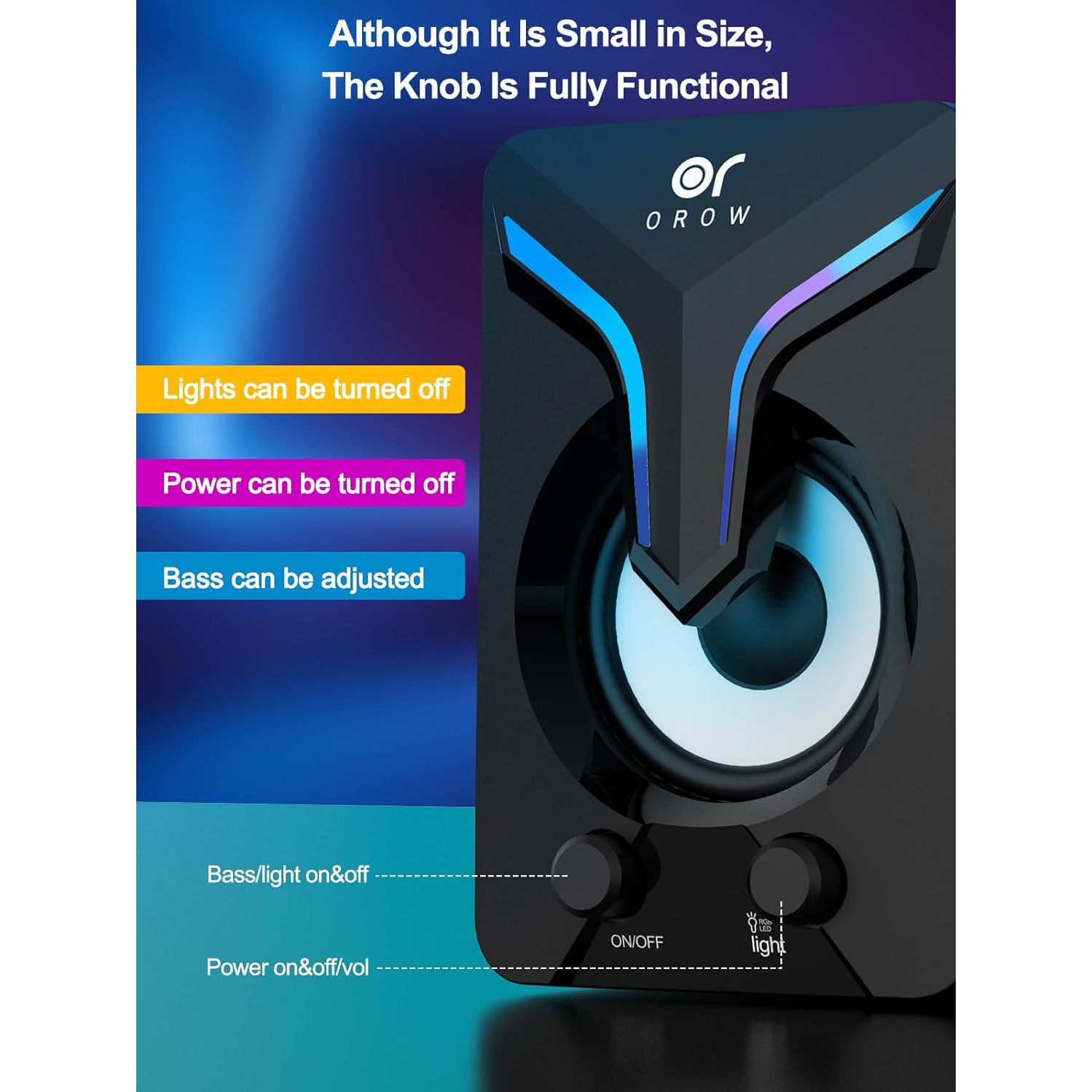 OROW Computer Speakers - Mini PC Speakers with Subwoofer, 2.1 Desktop Speaker with RGB Lights, USB Powered, Stereo Sound, 3.5mm Aux Cable for