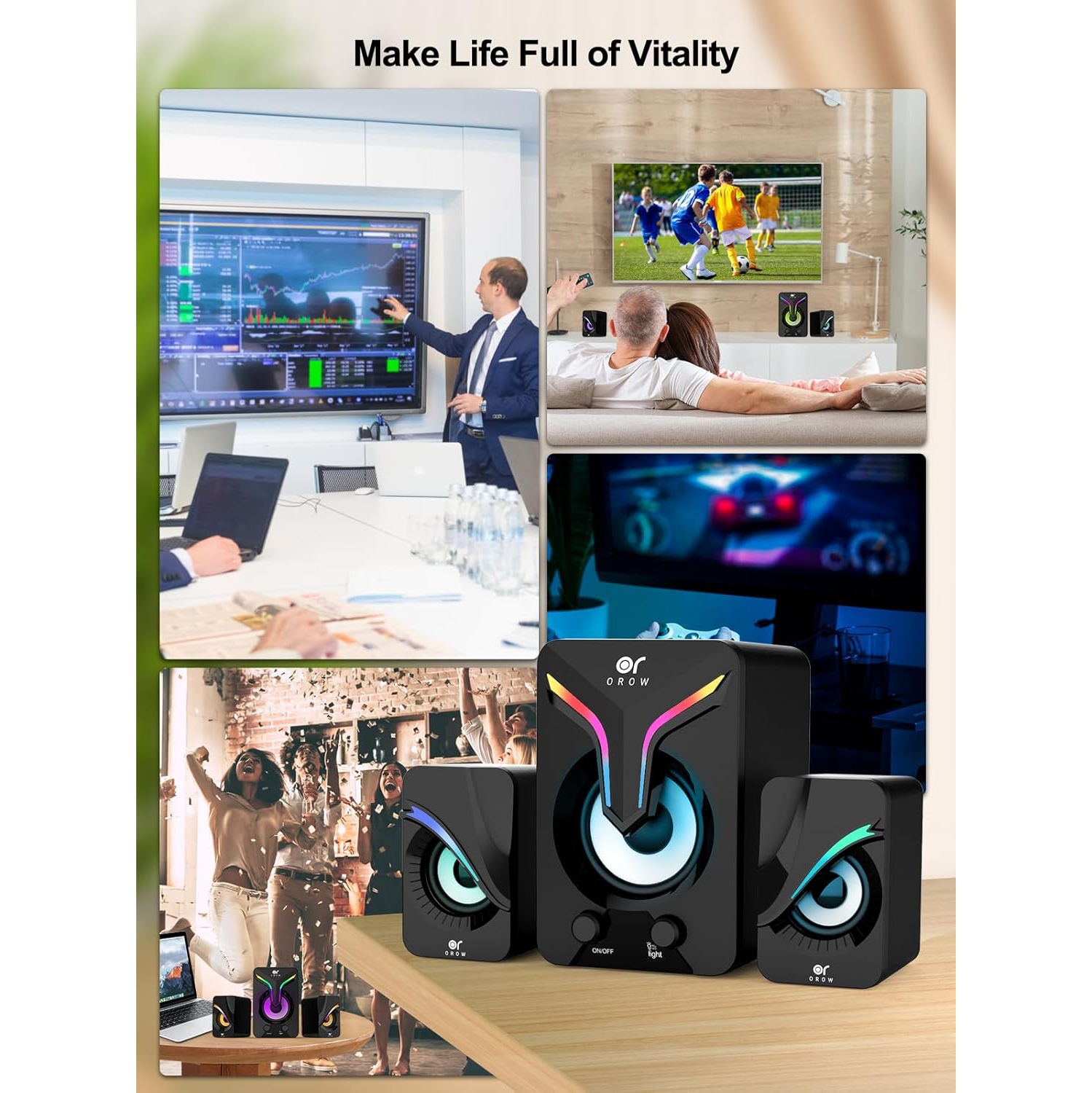 OROW Computer Speakers - Mini PC Speakers with Subwoofer, 2.1 Desktop Speaker with RGB Lights, USB Powered, Stereo Sound, 3.5mm Aux Cable for