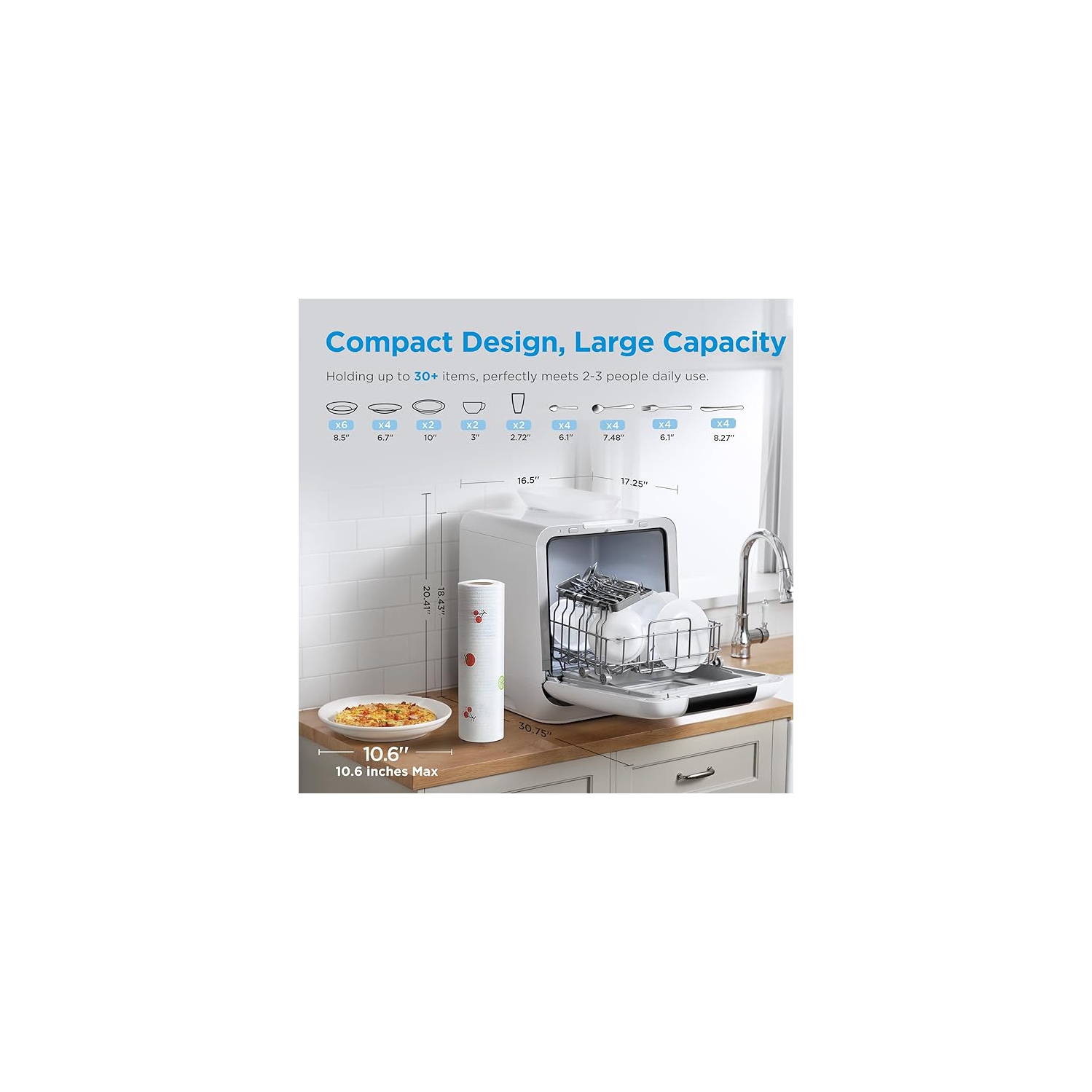 Midea – Lave-vaisselle de comptoir mobile avec réservoir d'eau encastré 6&nbsp;L, 5+2 programmes, blanc