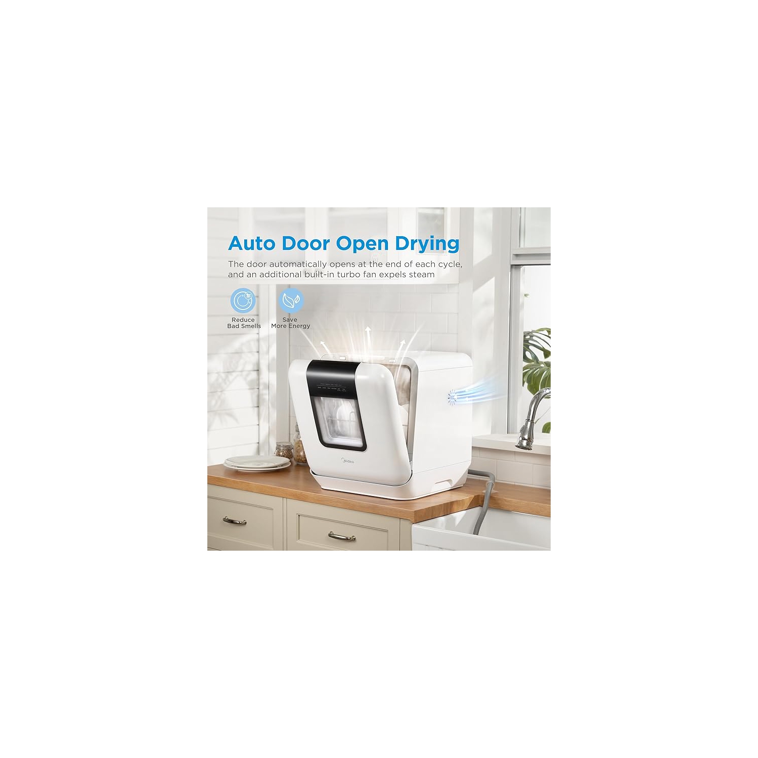 Midea – Lave-vaisselle de comptoir mobile avec réservoir d'eau encastré 6&nbsp;L, 5+2 programmes, blanc