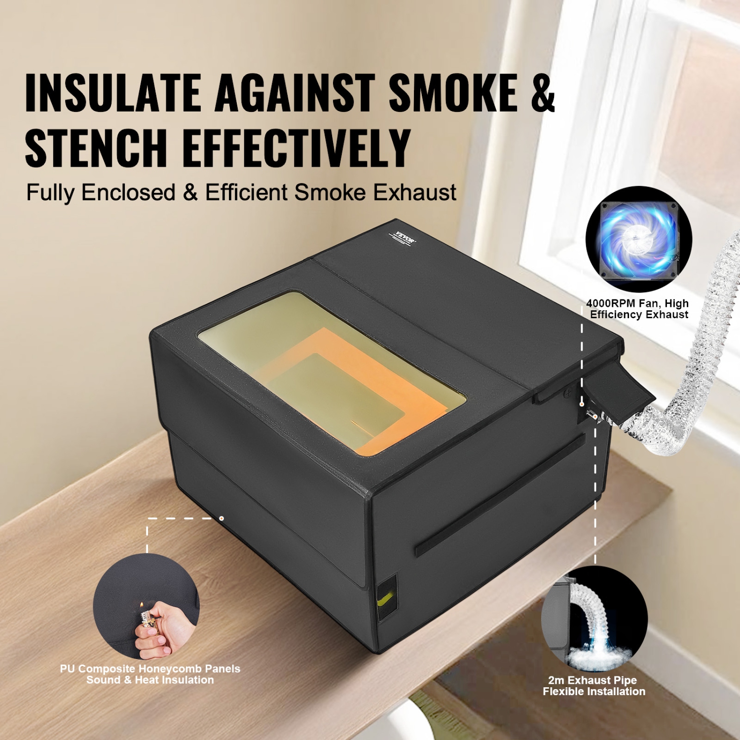 Boîtier de gravure laser VEVOR 31,5 x 31,5 x 19,6", ignifuge et couvercle de protection ignifuge, avec ventilateur d'échappement et tuyau, isole la