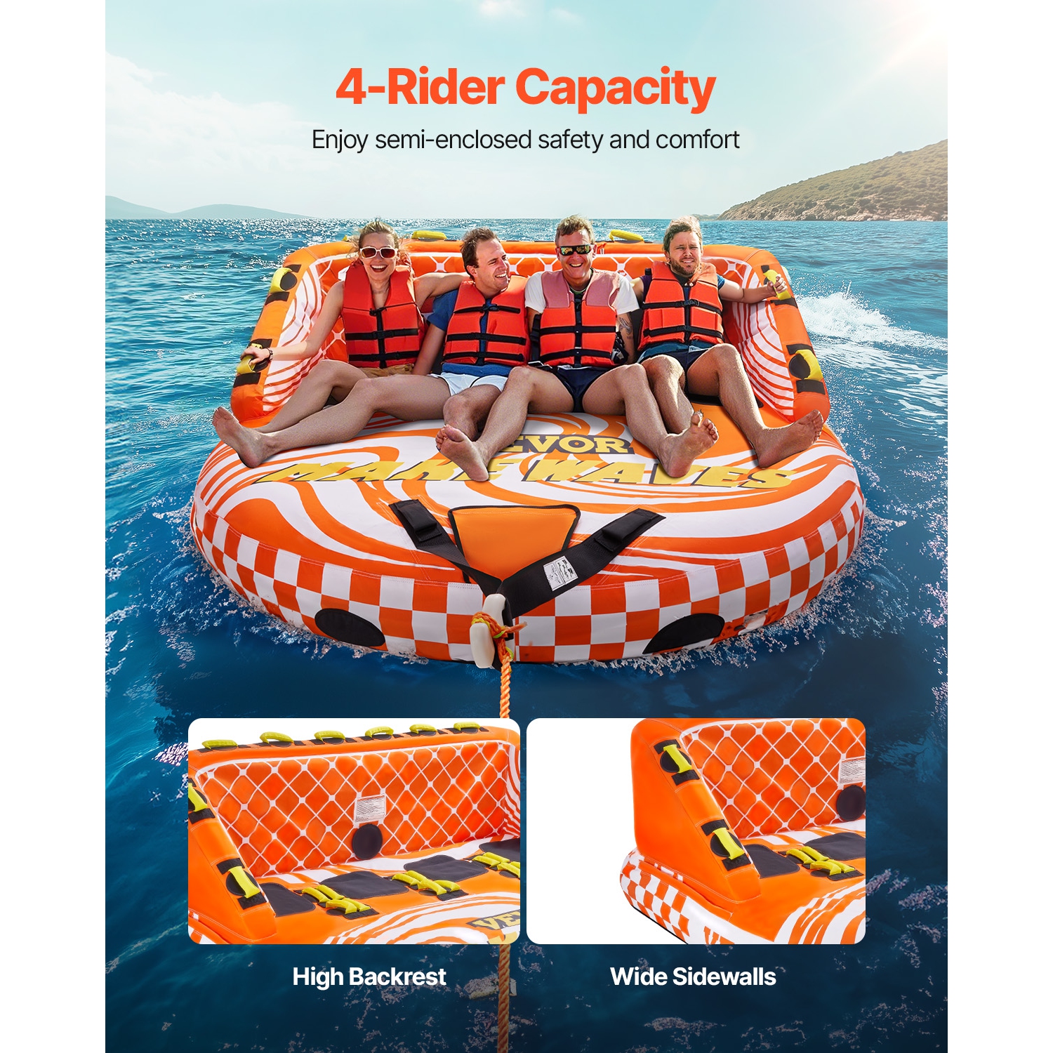 VEVOR 1-4 Riders Inflatable Boat Tubes and Towables, 680lbs Water Sport Towable Tube for Boat to Pull - with Full Nylon Cover, 22 Grab Handles, Dual