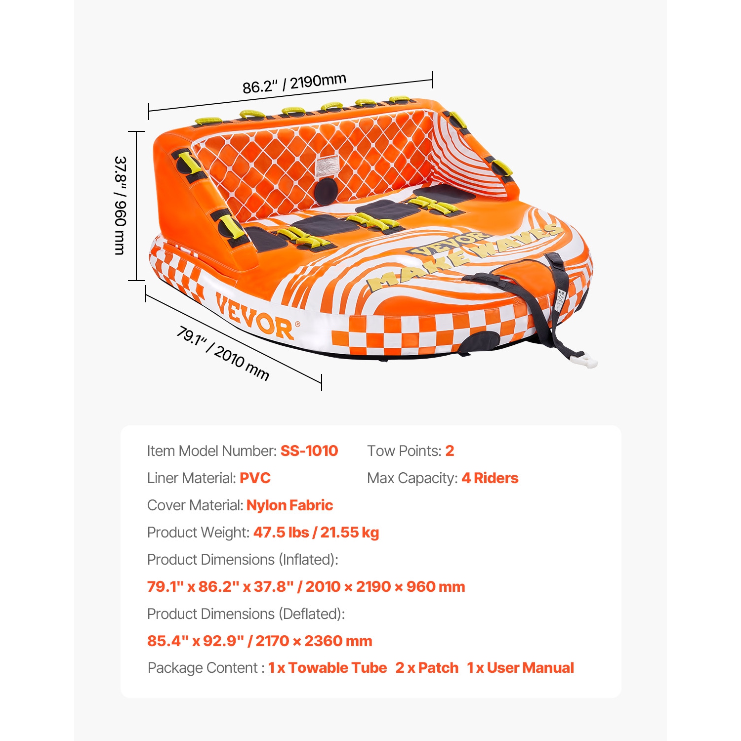 VEVOR 1-4 Riders Inflatable Boat Tubes and Towables, 680lbs Water Sport Towable Tube for Boat to Pull - with Full Nylon Cover, 22 Grab Handles, Dual