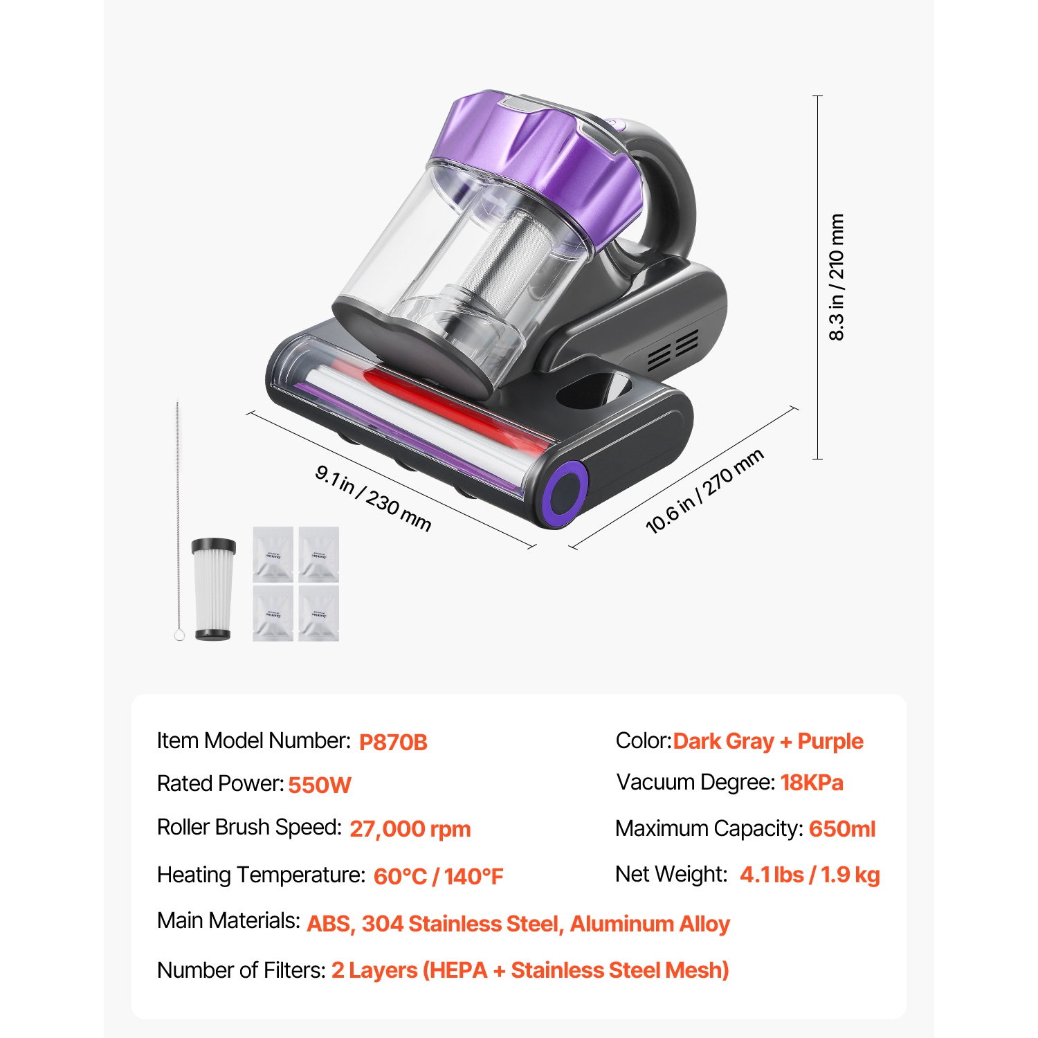 VEVOR 550W Mattress Vacuum Cleaner,Bed Vacuum Cleaner with 18Kpa Powerful Suction and Dual Dust Bin, HEPA Filter & Heating,Ultrasound Tech & Cleaning