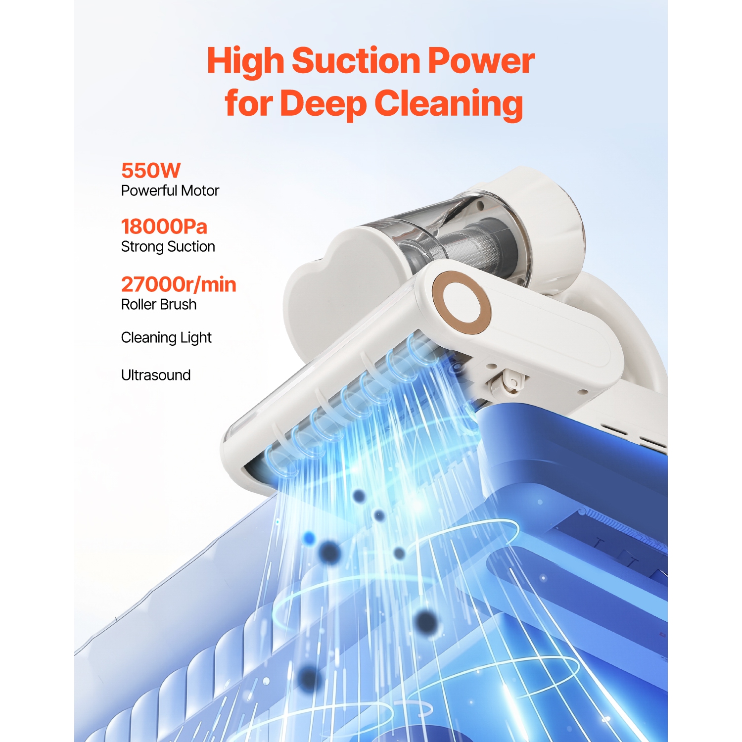 VEVOR 550W Mattress Vacuum Cleaner, Bed Vacuum Cleaner with 18Kpa Powerful Suction and Dual Dust Bin, HEPA Filter & Heating, Ultrasound Tech &