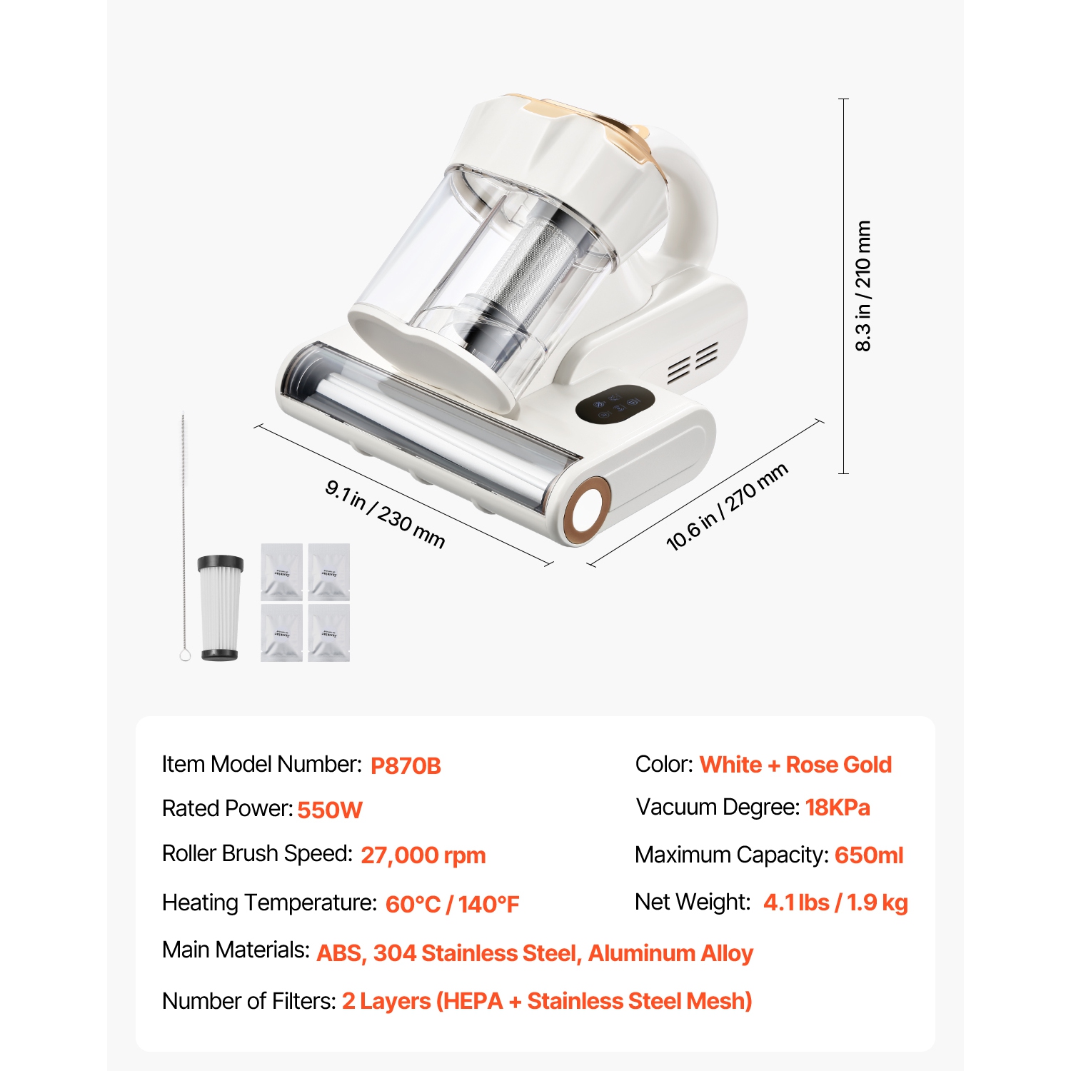 VEVOR 550W Mattress Vacuum Cleaner, Bed Vacuum Cleaner with 18Kpa Powerful Suction and Dual Dust Bin, HEPA Filter & Heating, Ultrasound Tech &