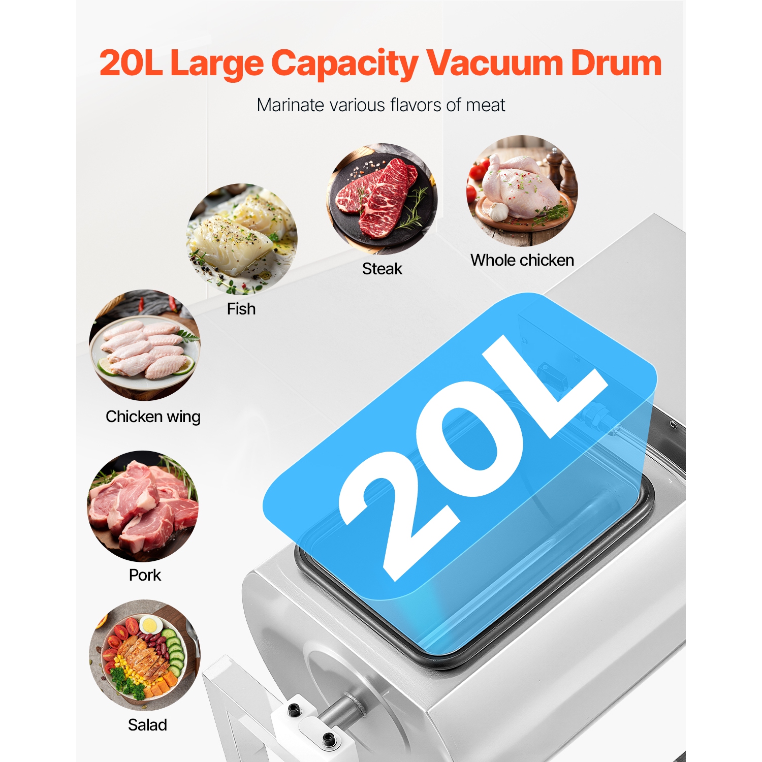 VEVOR 20L Commercial Meat Vacuum Tumbler Marinator, with Bidirectional Rotation and 3-Speed, Stainless Steel Vacuum Curing Machine for Chicken Steak