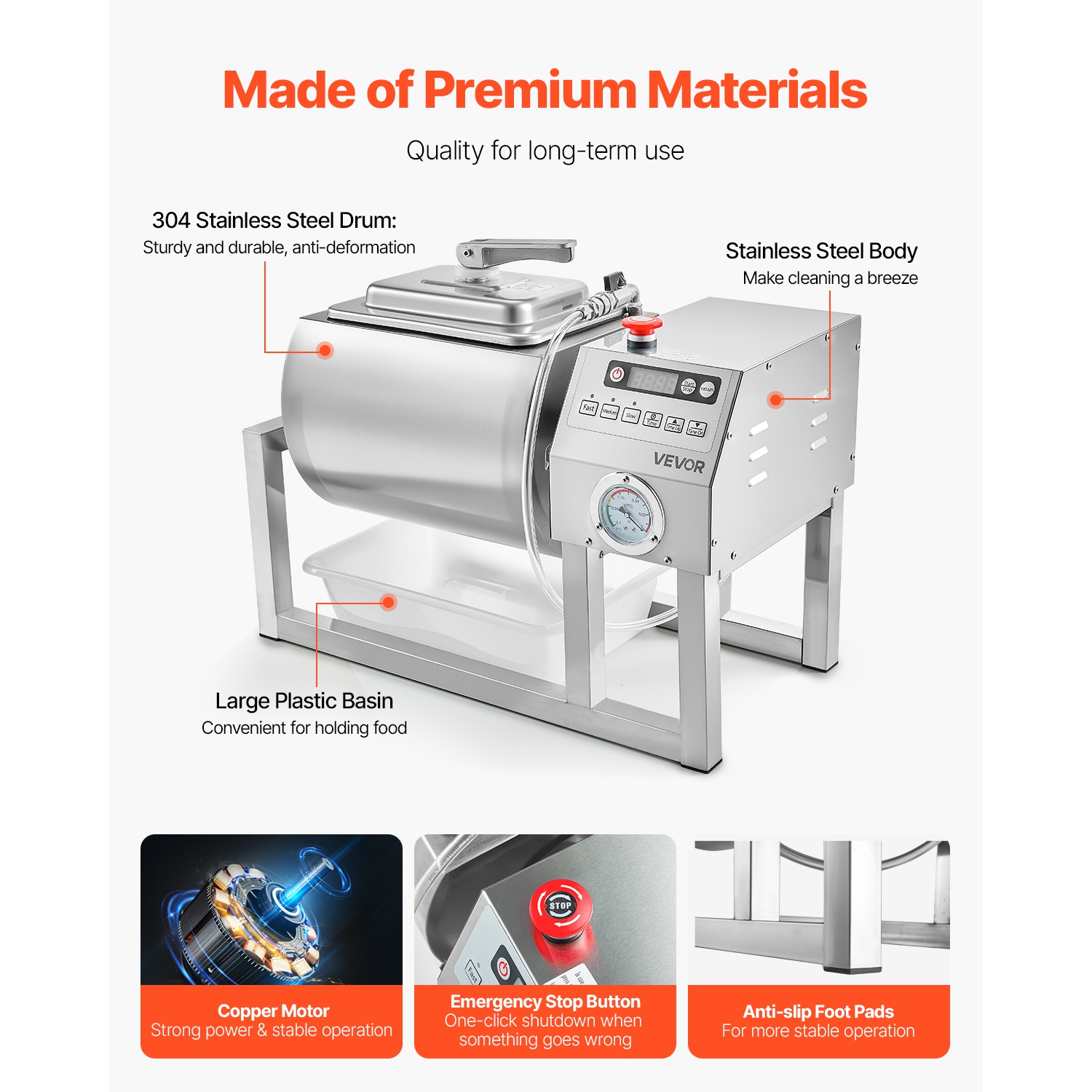 VEVOR 20L Commercial Meat Vacuum Tumbler Marinator, with Bidirectional Rotation and 3-Speed, Stainless Steel Vacuum Curing Machine for Chicken Steak