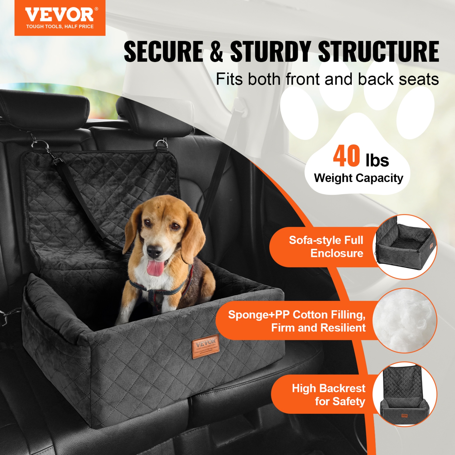 VEVOR 40lbs Dog Car Seat, Dog Booster Seat for Car with A Storage Pocket, Clip-On Safety Leash, Sponge and PP Cotton Filling, Dog Car Bed for Small &