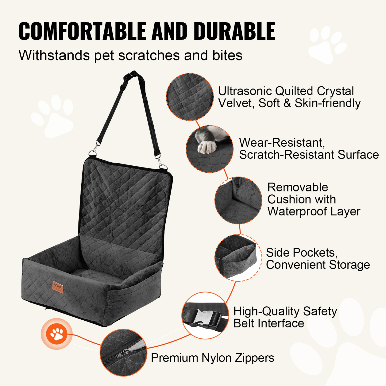 VEVOR 40lbs Dog Car Seat, Dog Booster Seat for Car with A Storage Pocket, Clip-On Safety Leash, Sponge and PP Cotton Filling, Dog Car Bed for Small &