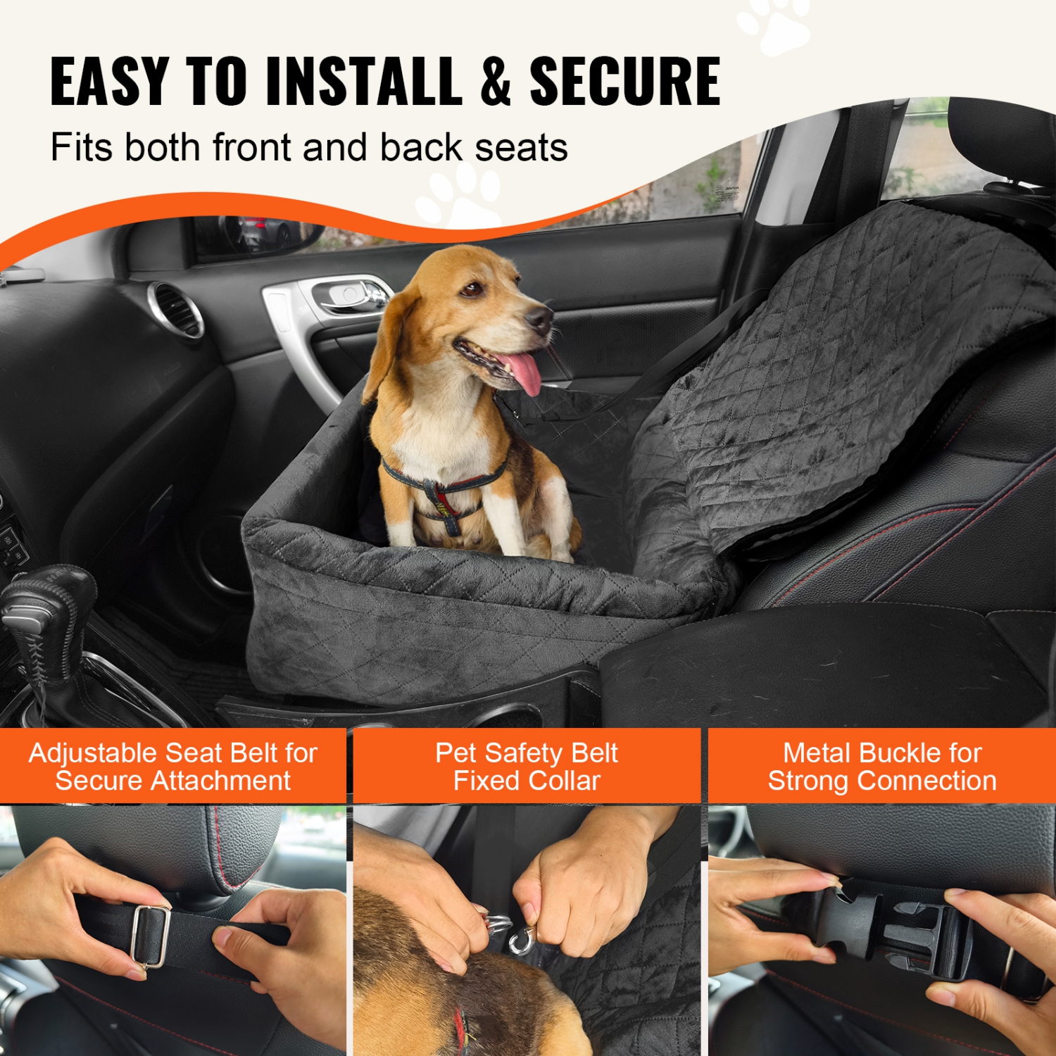 VEVOR 40lbs Dog Car Seat, Dog Booster Seat for Car with A Storage Pocket, Clip-On Safety Leash, Sponge and PP Cotton Filling, Dog Car Bed for Small &