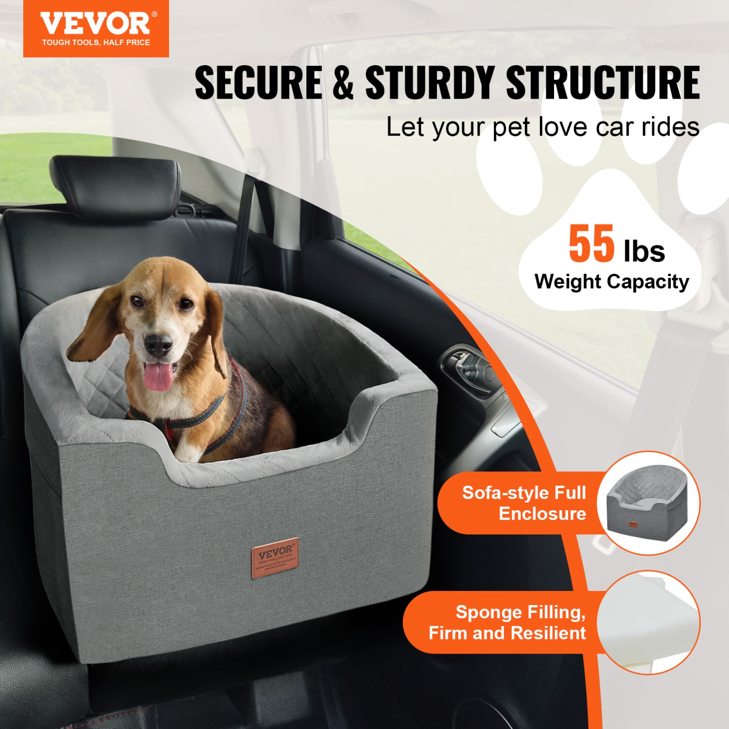 VEVOR 55lbs Dog Car Seat, Waterproof Dog Booster Seat for Car with A Storage Pocket, Clip-On Safety Leash and Sponge Filling, Dog Car Bed for Small &