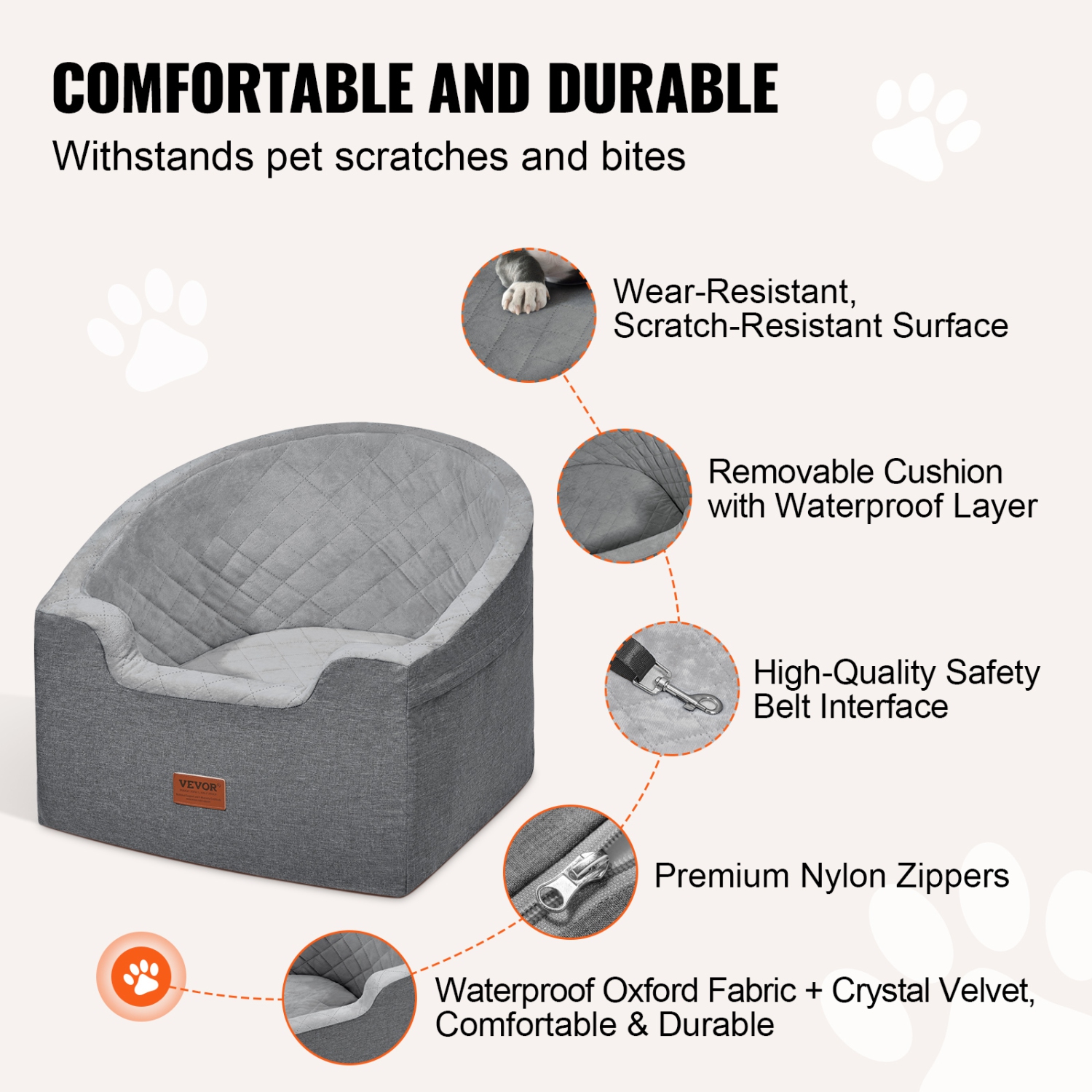 VEVOR 55lbs Dog Car Seat, Waterproof Dog Booster Seat for Car with A Storage Pocket, Clip-On Safety Leash and Sponge Filling, Dog Car Bed for Small &