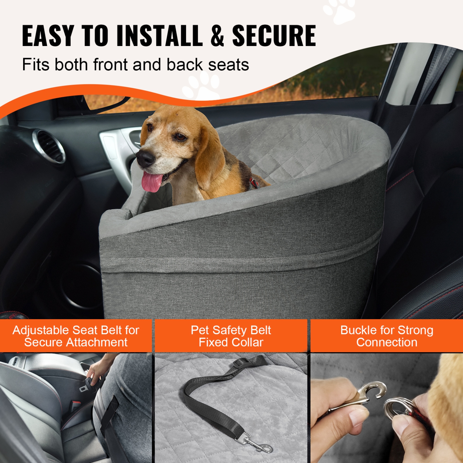 VEVOR 55lbs Dog Car Seat, Waterproof Dog Booster Seat for Car with A Storage Pocket, Clip-On Safety Leash and Sponge Filling, Dog Car Bed for Small &