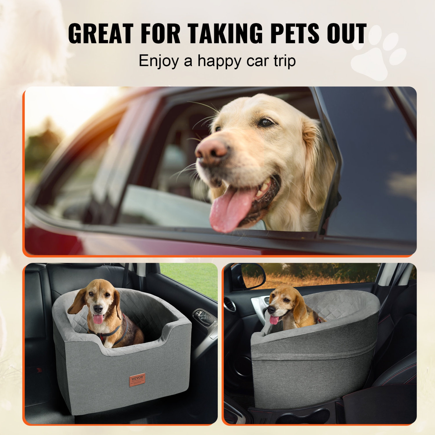 VEVOR 55lbs Dog Car Seat, Waterproof Dog Booster Seat for Car with A Storage Pocket, Clip-On Safety Leash and Sponge Filling, Dog Car Bed for Small &