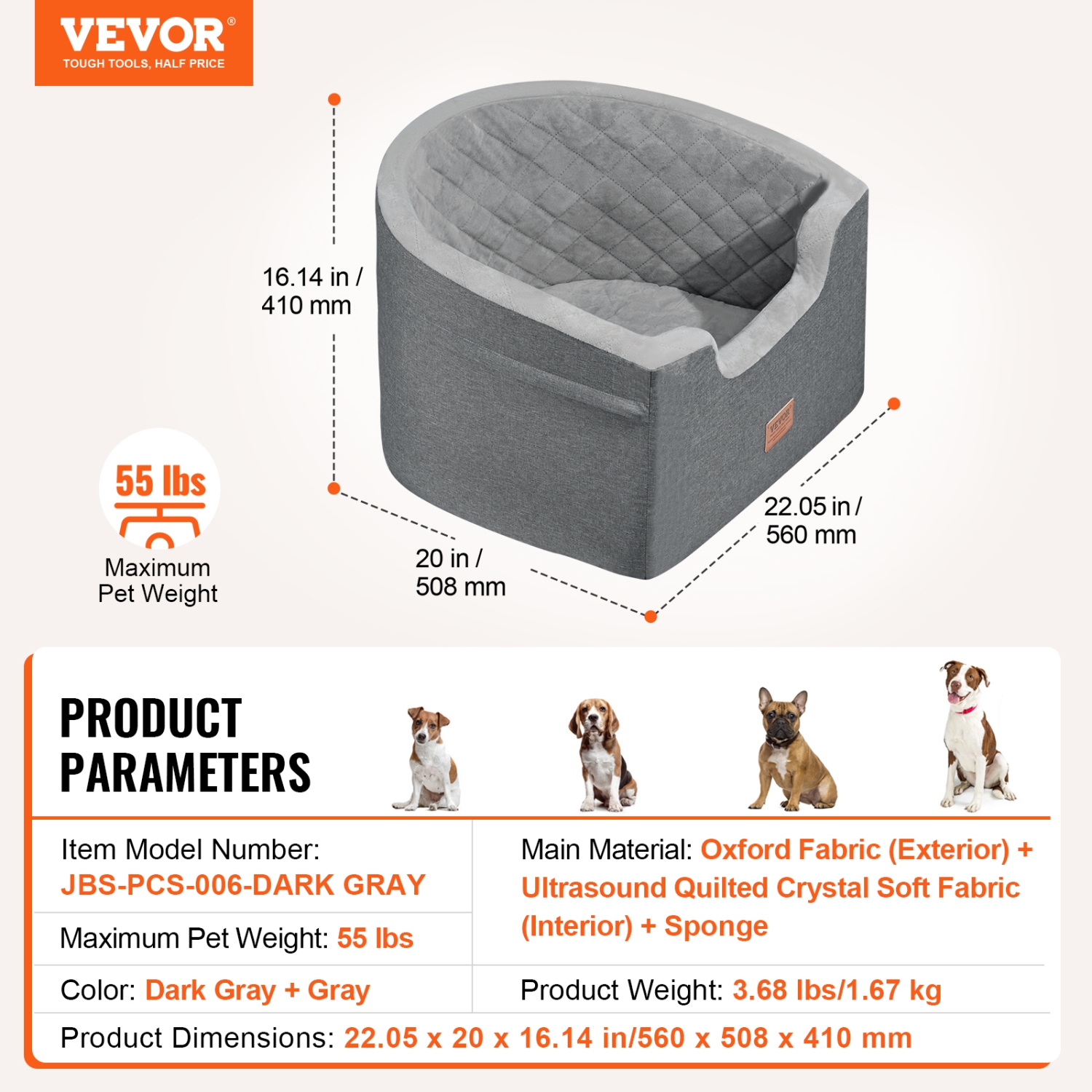 VEVOR 55lbs Dog Car Seat, Waterproof Dog Booster Seat for Car with A Storage Pocket, Clip-On Safety Leash and Sponge Filling, Dog Car Bed for Small &