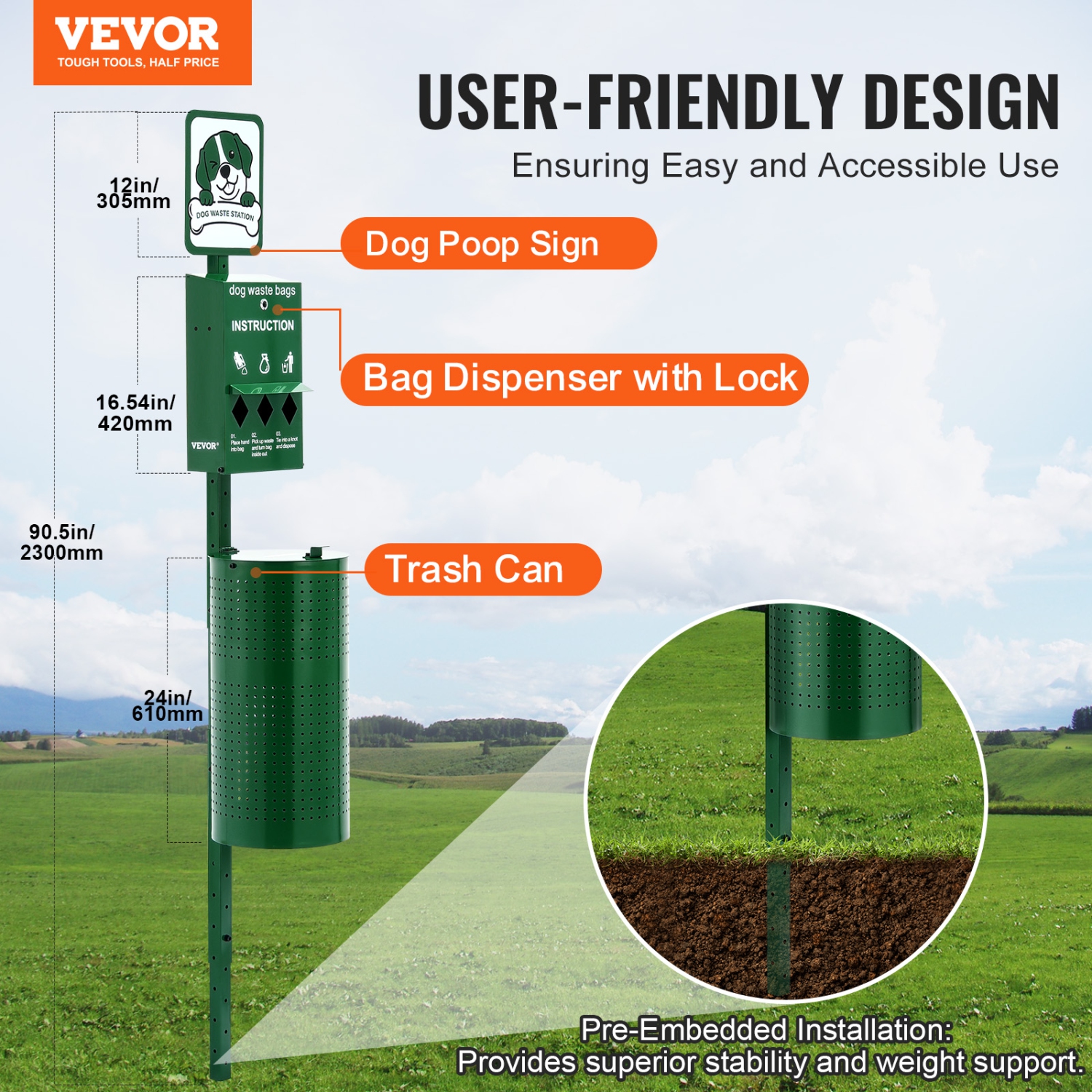 VEVOR 11.5 Gallons Dog Waste Station, Commercial Dog Poop Station, Pet Waste Bin with 50 Can Liners, Bag Dispenser & 600 Waste Bags, Outdoor Dog
