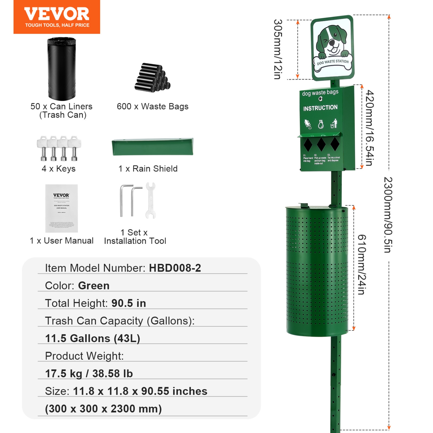 VEVOR 11.5 Gallons Dog Waste Station, Commercial Dog Poop Station, Pet Waste Bin with 50 Can Liners, Bag Dispenser & 600 Waste Bags, Outdoor Dog