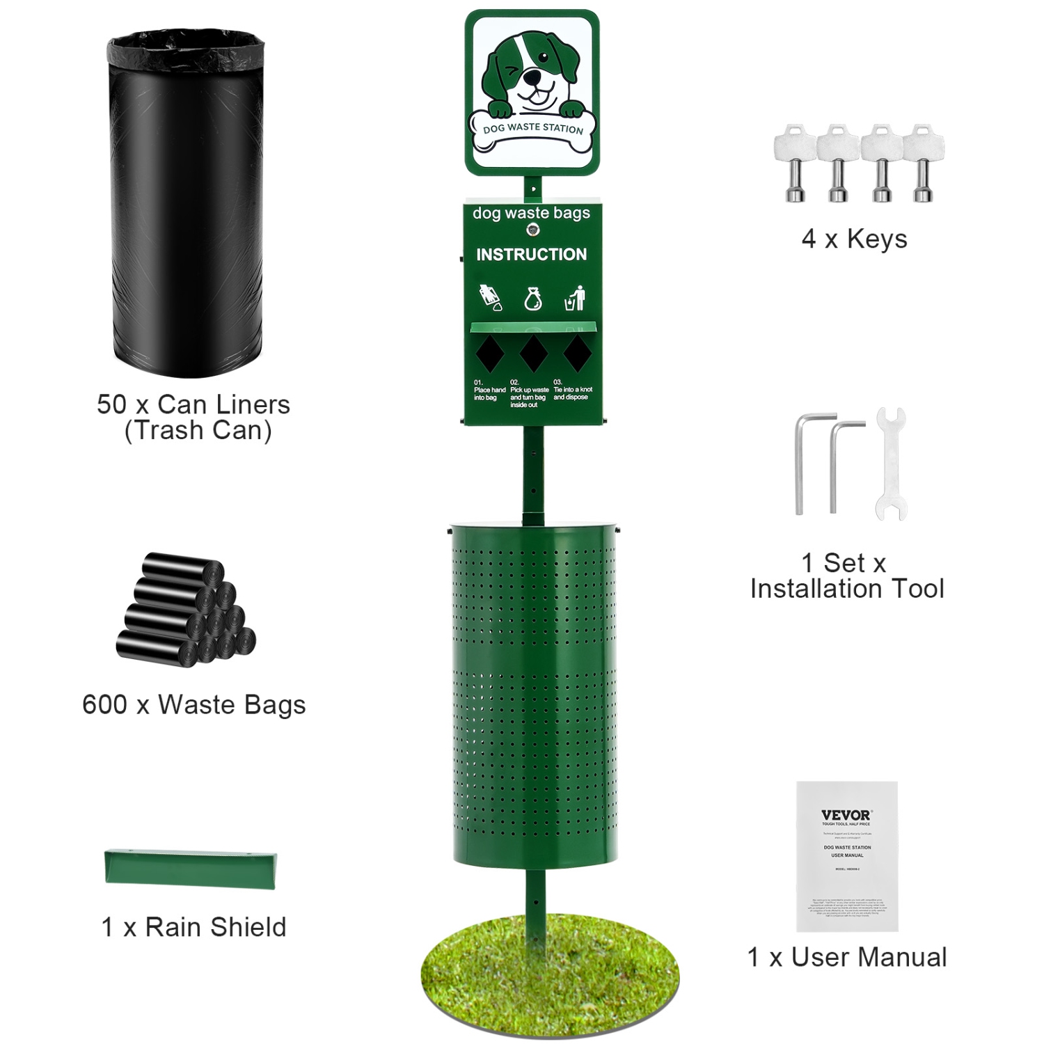 VEVOR 11.5 Gallons Dog Waste Station, Commercial Dog Poop Station, Pet Waste Bin with 50 Can Liners, Bag Dispenser & 600 Waste Bags, Outdoor Dog
