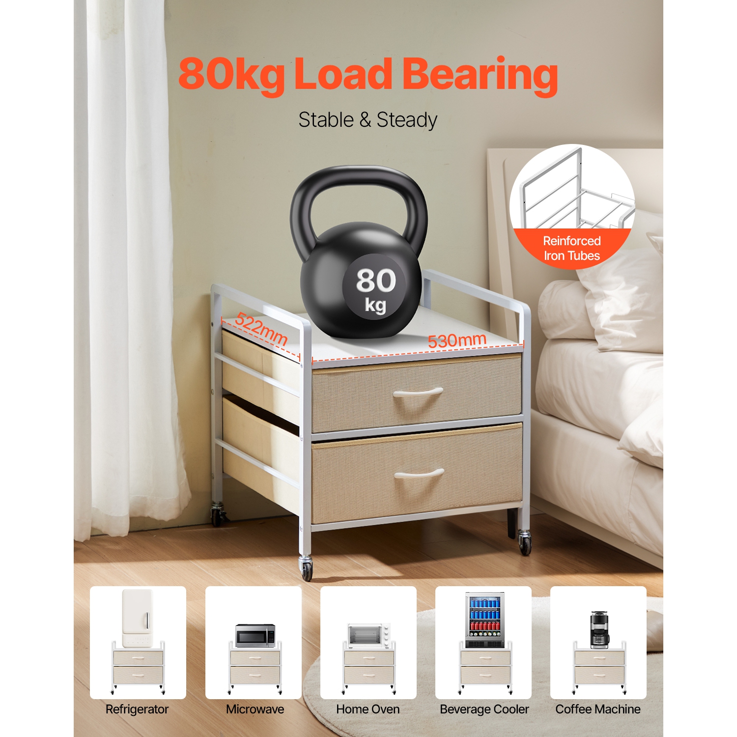 VEVOR 176 lb-Capacity Mini Fridge Stand with Storage, with 2 Drawers & 4 Swivel Wheels, Mobile Mini Fridge Shelf, White Mini Fridge Organizer for