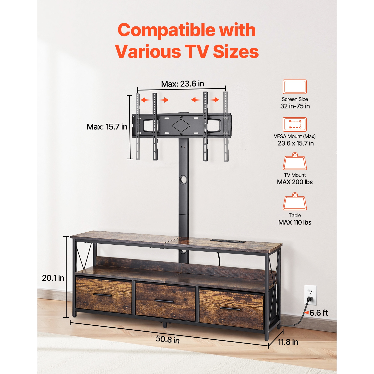 VEVOR 52" TV Stand with Mount for up to 75 in TVs, Entertainment Center with Power Outlet & LED Lights, Height Adjustable TV Console with Mount with