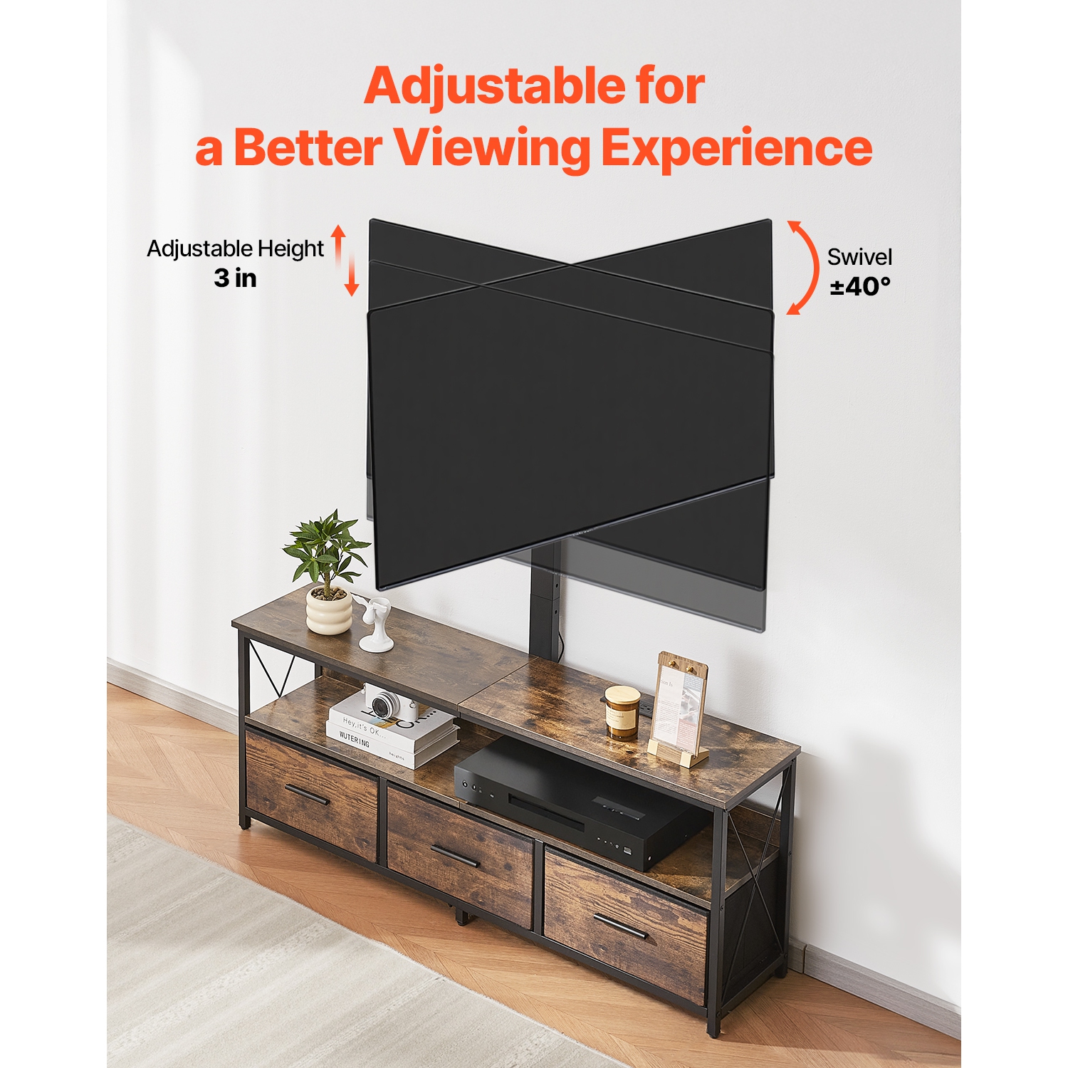 VEVOR 52" TV Stand with Mount for up to 75 in TVs, Entertainment Center with Power Outlet & LED Lights, Height Adjustable TV Console with Mount with