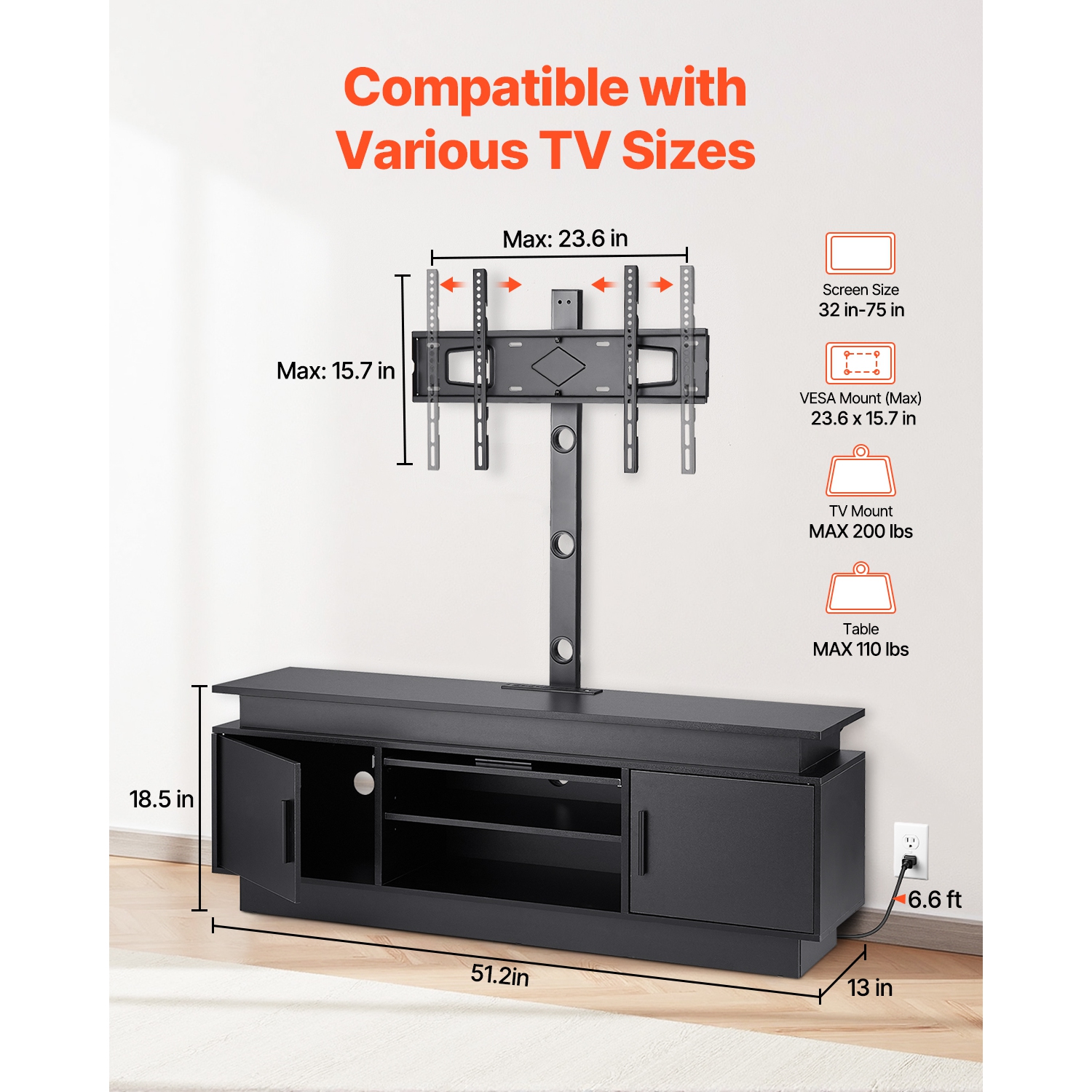VEVOR 52" TV Stand with Mount for up to 75 in TVs, Entertainment Center with Power Outlet & LED Lights, Height Adjustable TV Console with Mount with